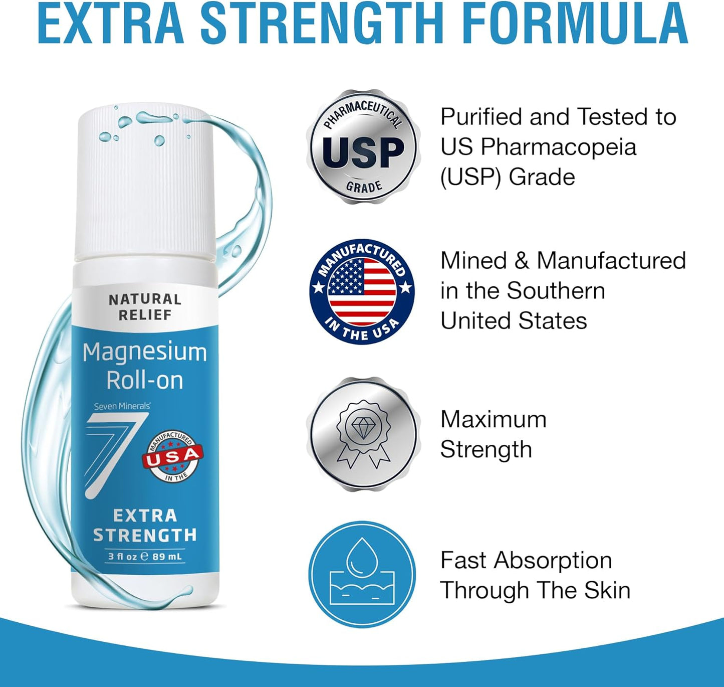 Seven Minerals Extra Strength Magnesium Roll On Stick - Pure USP Grade Magnesium for Feet, Sleep, Muscle Pain & Cramps - Fast Absorbing & Mess-Free, USA Made, 3 Fl Oz