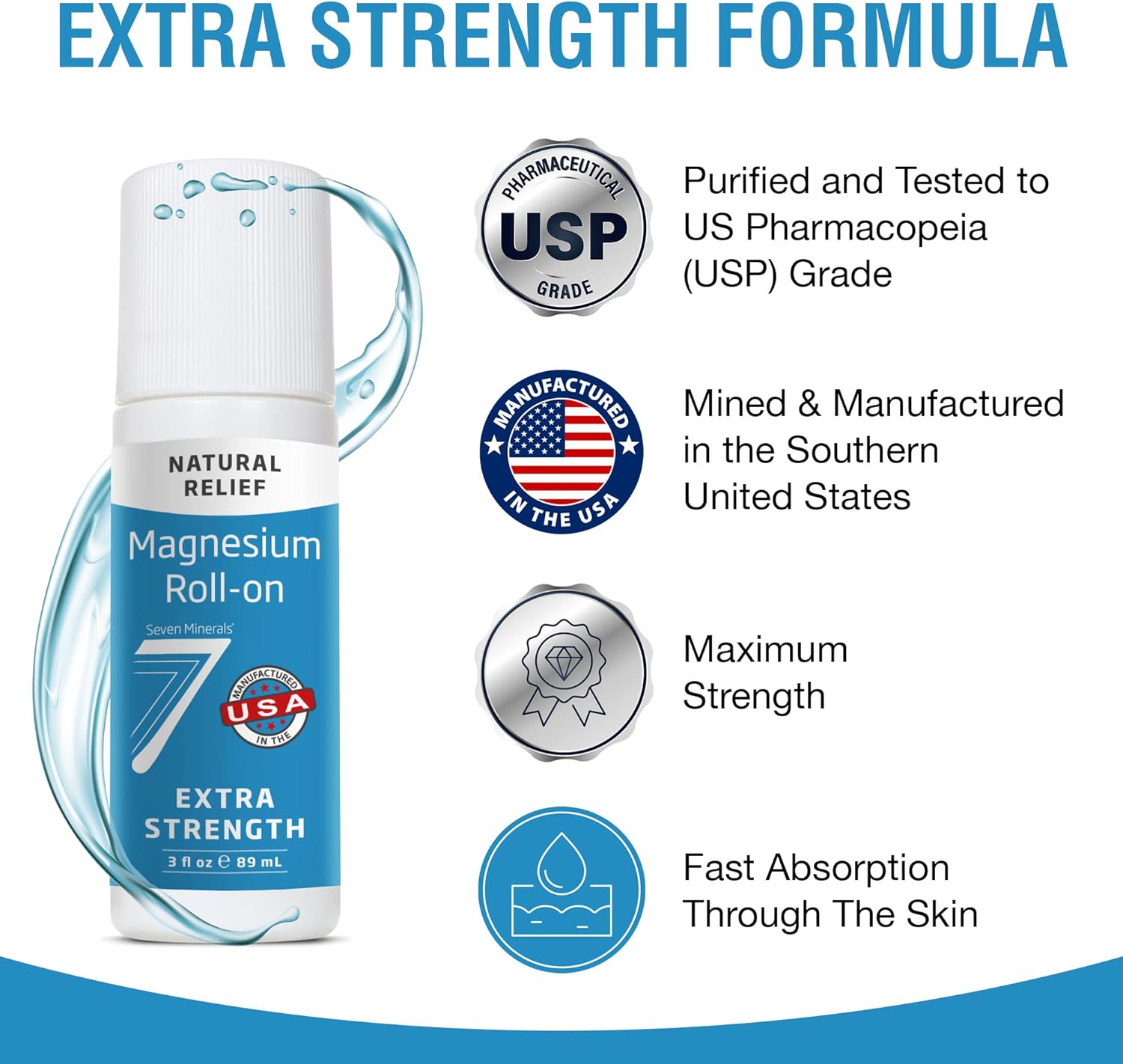 Seven Minerals Extra Strength Magnesium Roll On Stick - Pure USP Grade Magnesium for Feet, Sleep, Muscle Pain & Cramps - Fast Absorbing & Mess-Free, USA Made, 3 Fl Oz