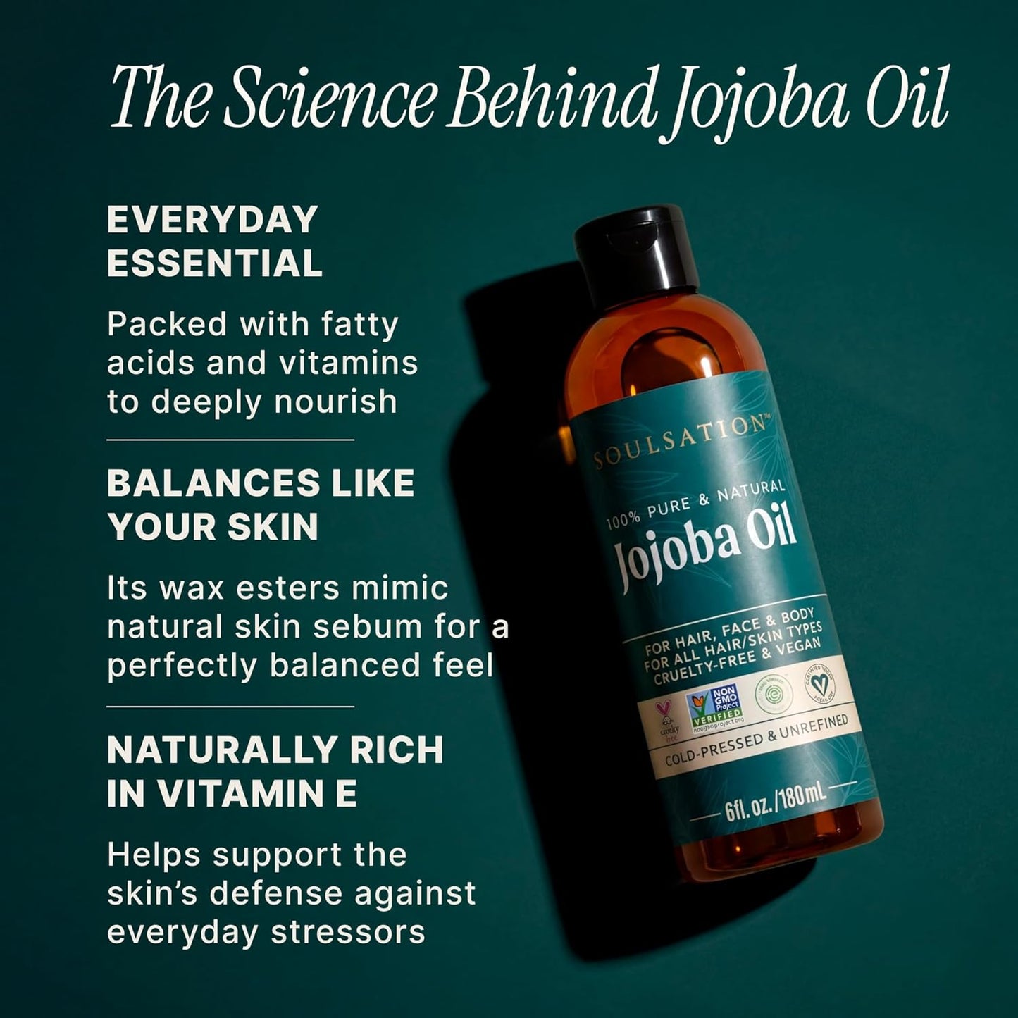 SOULSATION Pure Jojoba Oil for Skin, Hair, Face & Body 100% Natural, Cold Pressed, Unrefined | Non-GMO, EWG Verified, Cruelty-Free, Vegan Moisturizing Oil for Dry Skin, Scalp & Beard 6oz