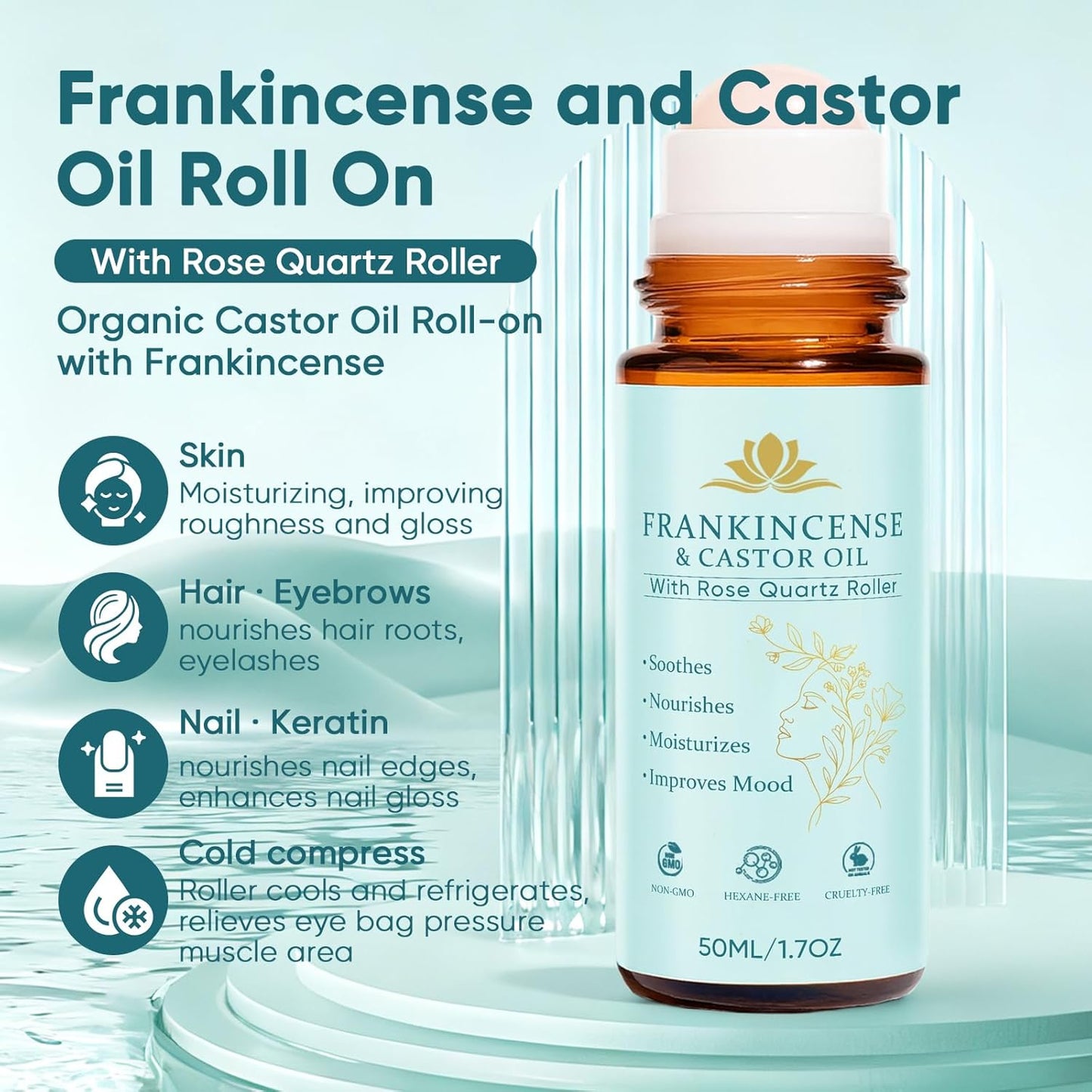 Frankincense and Castor Oil, Organic Castor Oil Rose Quartz Roller Ball, 100% Pure, Cold-Pressed, Firms Skin, Reduces Fine Lines & Wrinkles, Suitable for Face, Neck, Abdomen, 50ML/1.7OZ (1)