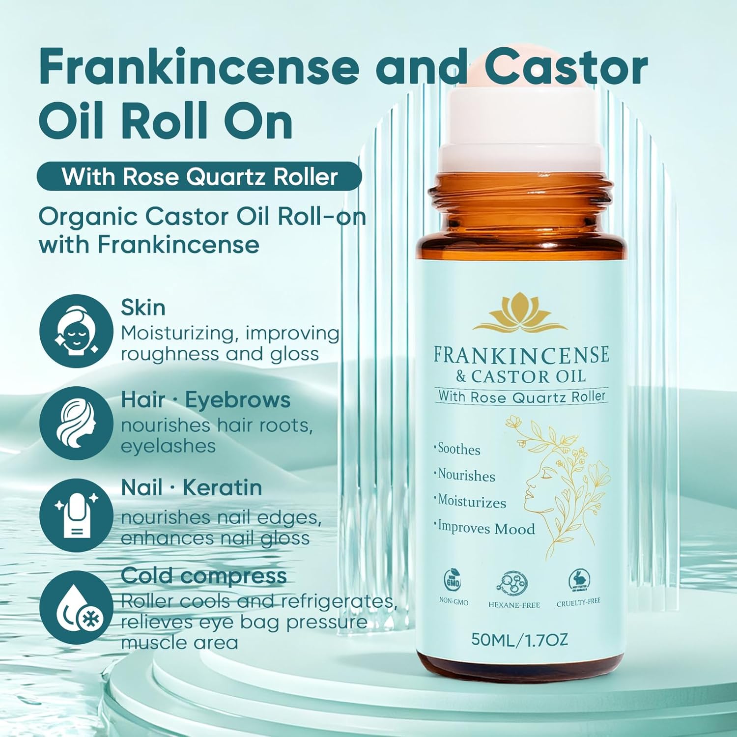 Frankincense and Castor Oil, Organic Castor Oil Rose Quartz Roller Ball, 100% Pure, Cold-Pressed, Firms Skin, Reduces Fine Lines & Wrinkles, Suitable for Face, Neck, Abdomen, 50ML/1.7OZ (1)