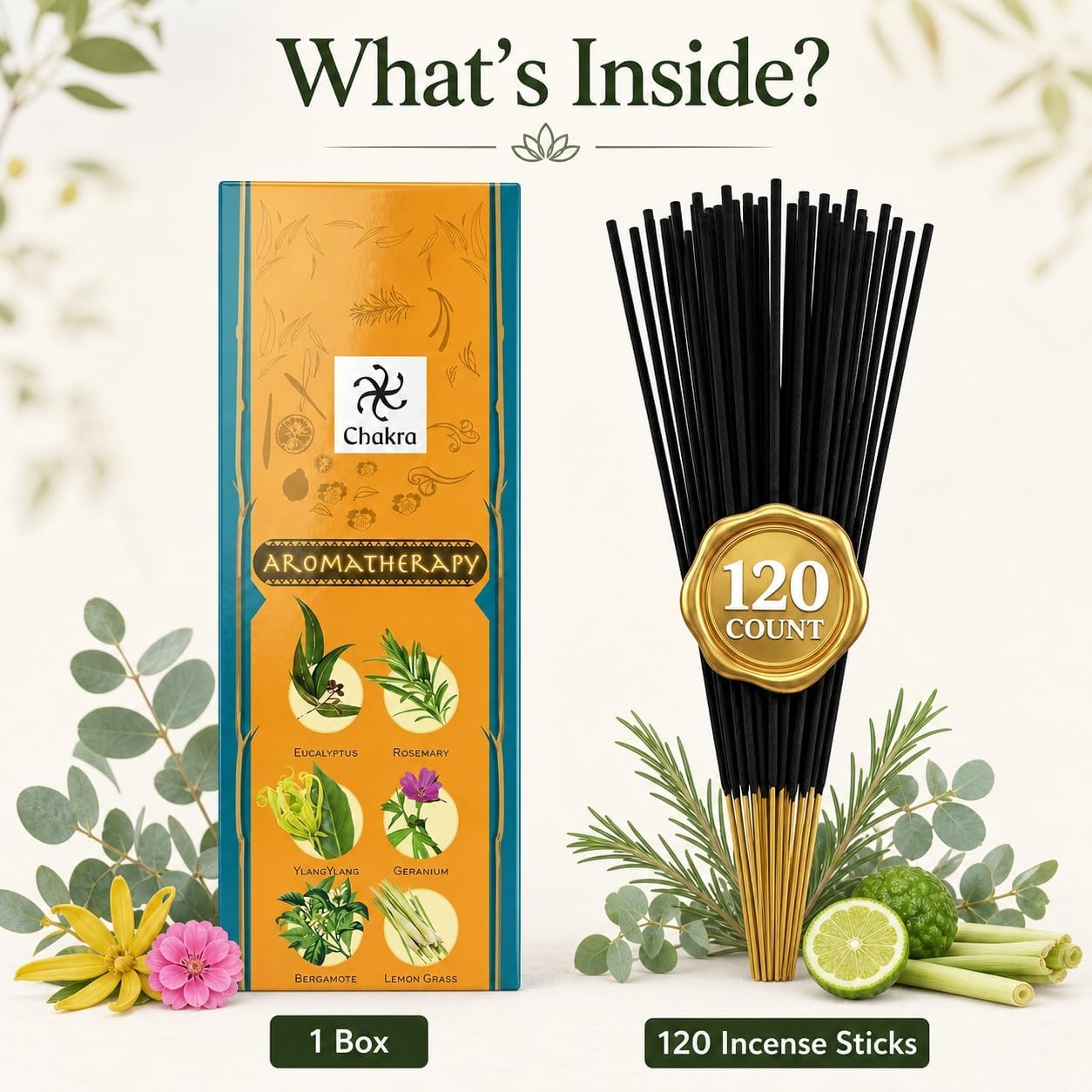 Aromatherapy Incense Gift Pack – 120 Natural Sticks (6 Boxes) – Relaxing, Stress Relief, Meditation, Refreshing, Sensuality & Energising Scents – Eucalyptus, Geranium & More | Chakra