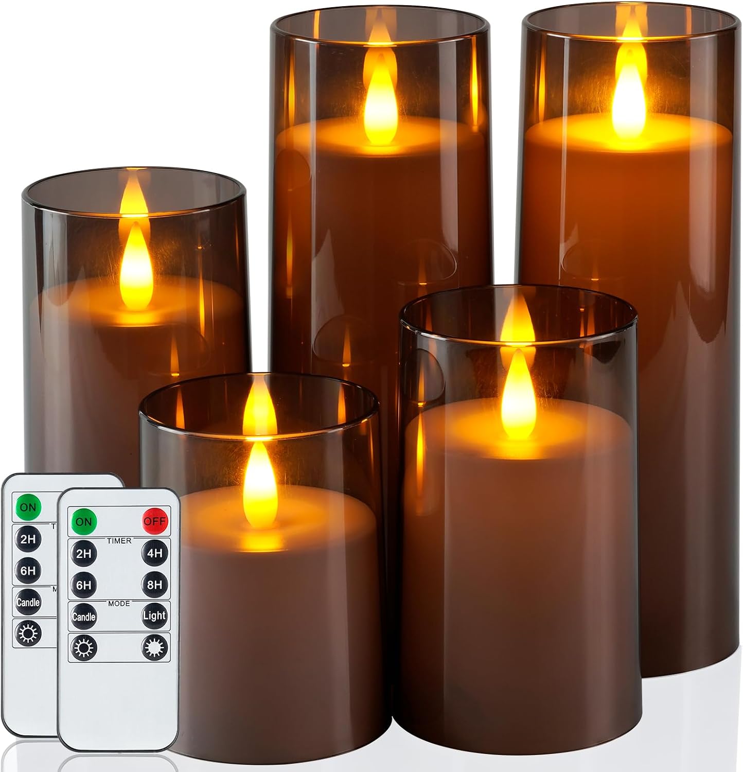 Homemory Realistic Flickering Flameless Candles, Battery Operated Candles, LED Fake Electric Candle with Remote Control and Timer for Home, Christmas Decoration, Grey, Set of 5