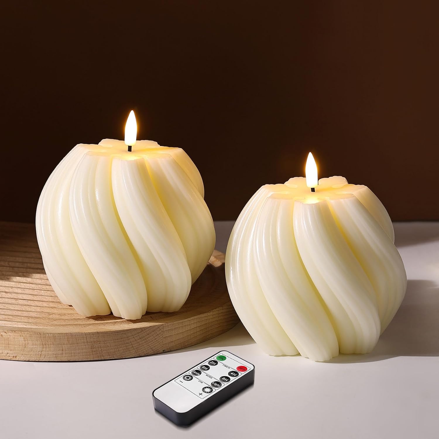 Cream White Swirl Flameless Candles with Remote, Aesthetic Twirl LED Pillar Candle Housewarming Gift Home Shelf Decor Set of 2