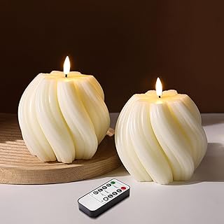 Cream White Swirl Flameless Candles with Remote, Aesthetic Twirl LED Pillar Candle Housewarming Gift Home Shelf Decor Set of 2