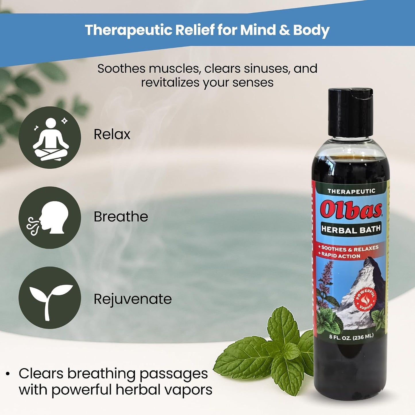 Olbas Herbal Bath 2 Pack, 8 fl oz (236 ml) Sore Muscle Bath Soak & Natural Muscle Relaxer Bath, Each Aromatic Swiss Formula with Essential Oils & Chlorophyll, Relaxing Bubble Bath for Men