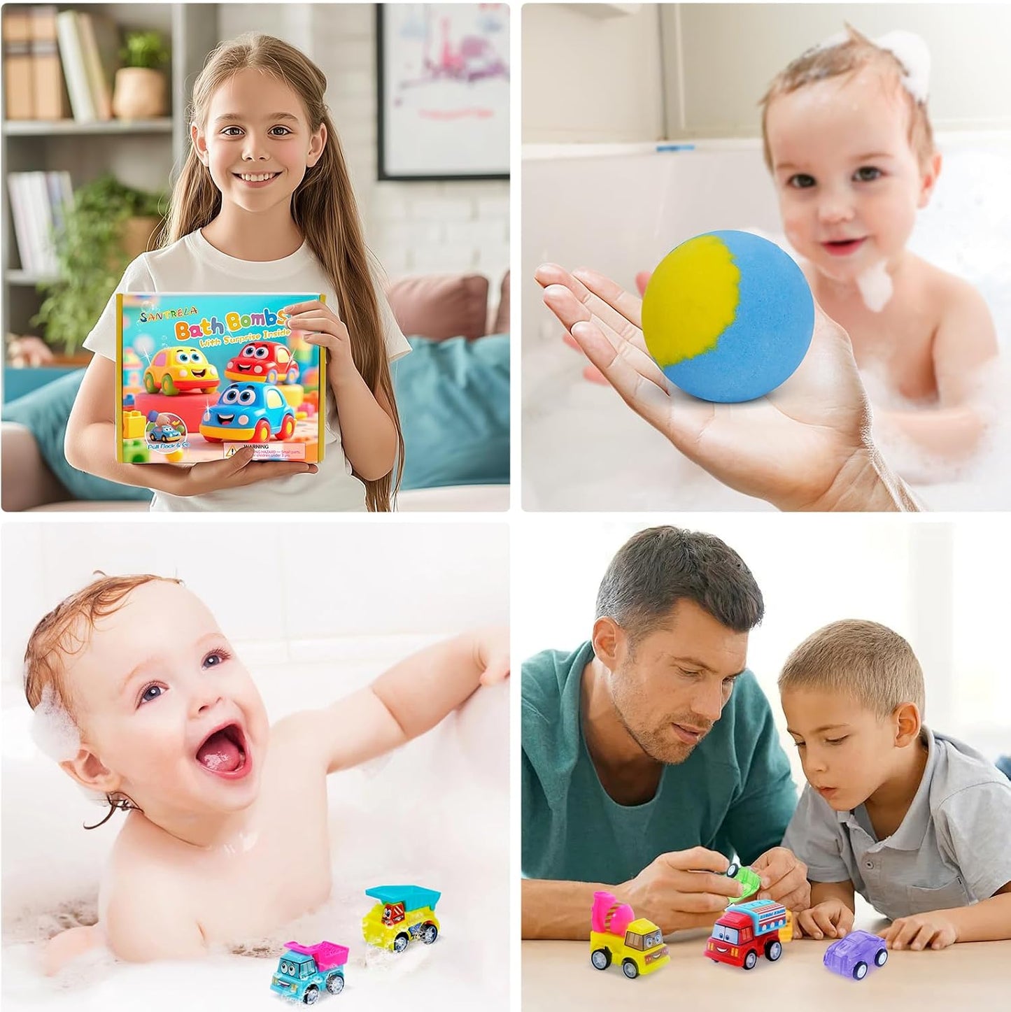 Bath Bombs for Kids with Surprise Toys Inside, 6 Pack Bath Bombs Gift Set with Pull-Back Vehicles Cars, Fun and Bright Colors Bubble Set, Car Bath Toys for Boys Girls Birthday, Christmas