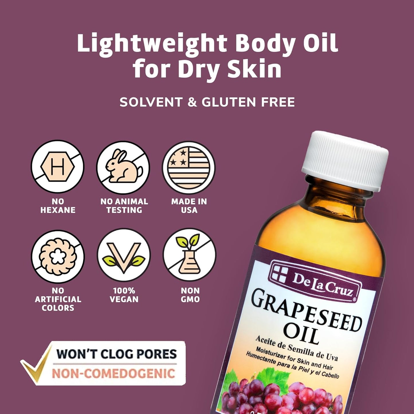 De La Cruz Grapeseed Oil - Natural Expeller Pressed Grapeseed Oil for Skin and Hair - Lightweight Body Oil for Dry Skin 2 FL. OZ. (59 mL)