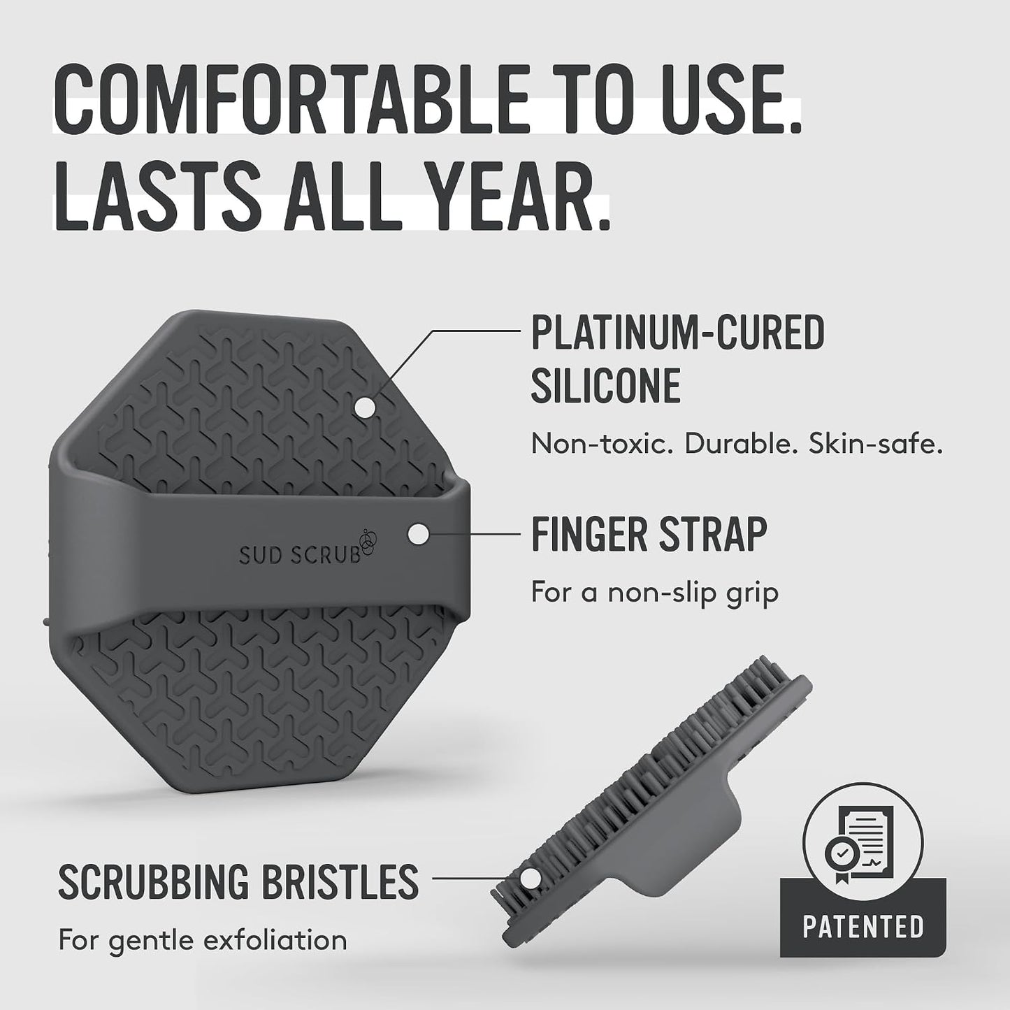 Sud Scrub® Antimicrobial Silicone Face Scrubber, 1 Pack, Gentle Face Exfoliator for Sensitive Skin, Eco Friendly Facial Cleansing Brush, Exfoliating Face Brush for Men and Women (Charcoal)