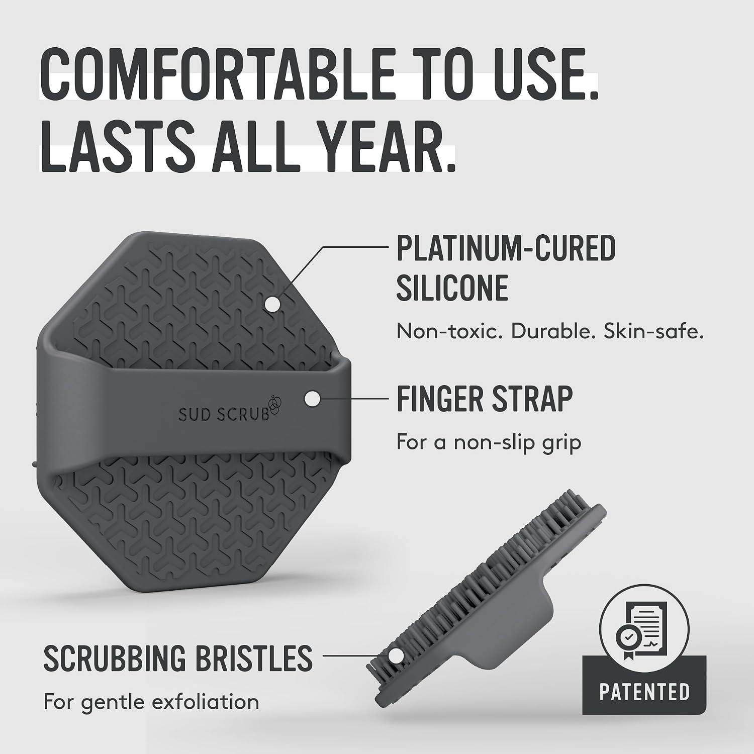 Sud Scrub® Antimicrobial Silicone Face Scrubber, 1 Pack, Gentle Face Exfoliator for Sensitive Skin, Eco Friendly Facial Cleansing Brush, Exfoliating Face Brush for Men and Women (Charcoal)