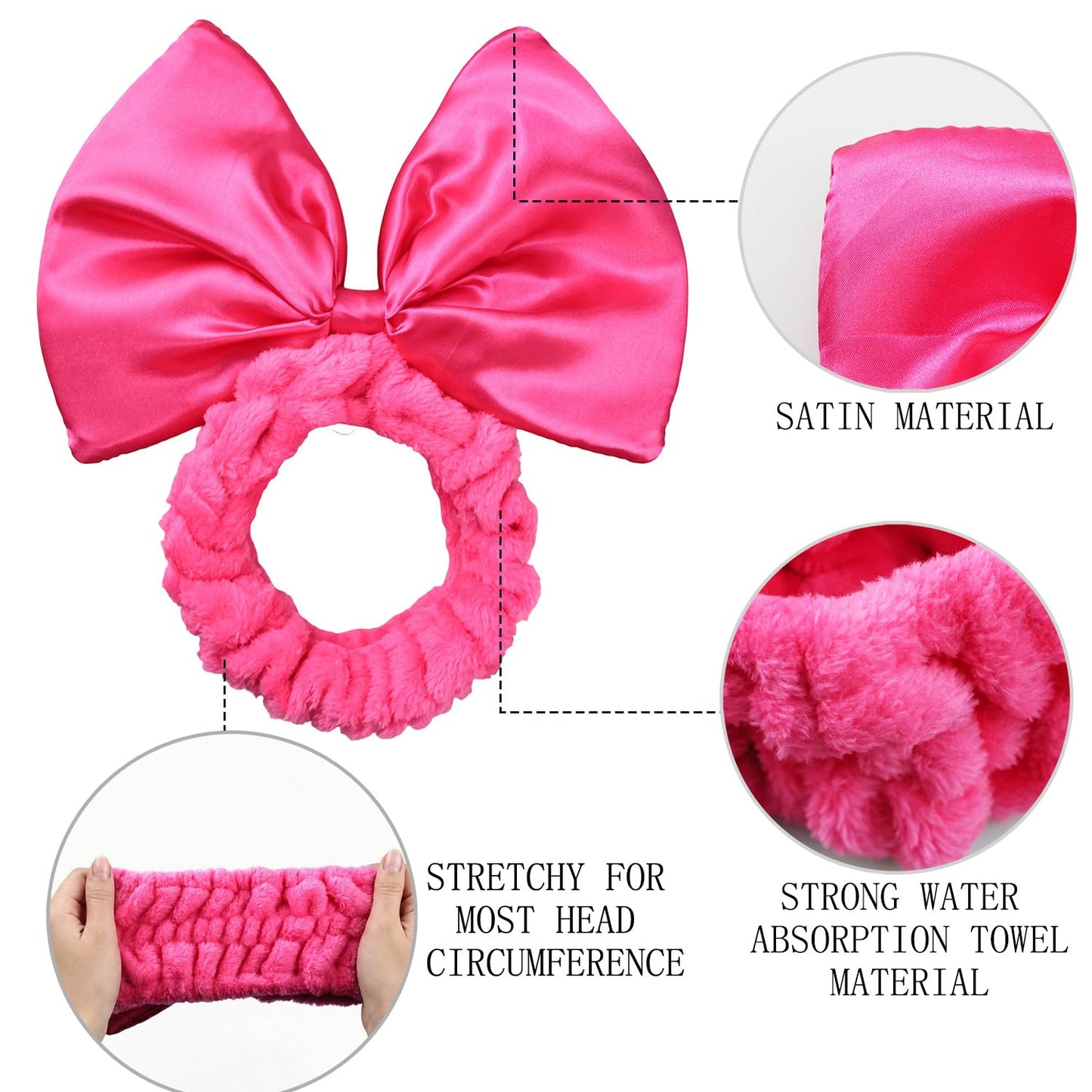 Large Satin Bow Facial Spa Headband, Facial Making Up Shower Skincare Hairband, Wash Face Headwrap for Women Girls