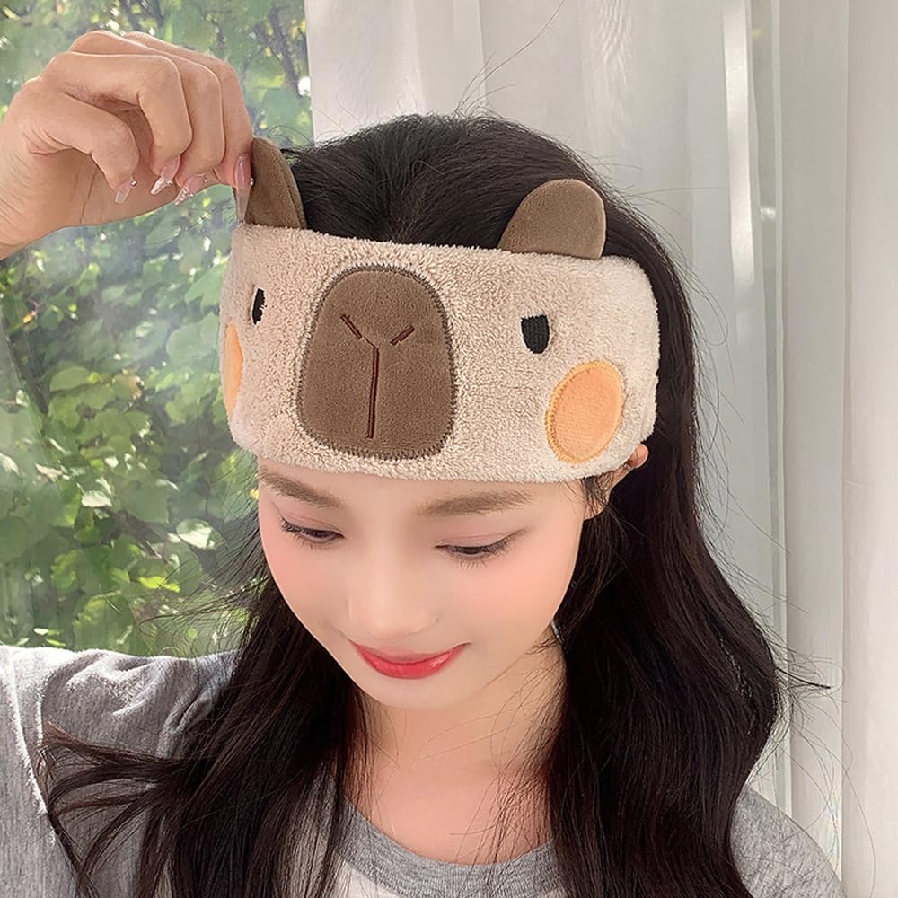 PERFECTSIGHT Kawaii Headband for Spa, Makeup, Washing Face, Party - 2 Pack Cute Hair Band for Shower Beauty Skincare, Soft Facial Headbands for Girls and Women (Brown+Pink Capybara)