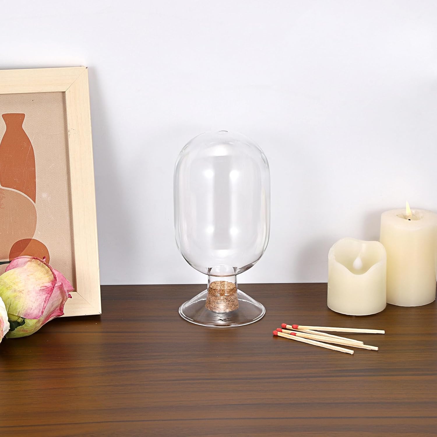 OwnMy 4 Inch Glass Match Cloche Decorative Glass Match Holder Jar with Cork Stopper, Clear Glass Matches Box Matchstick Holder Organizer for Home Bathroom Fireplace Candle Use (NOT Includes Matches)