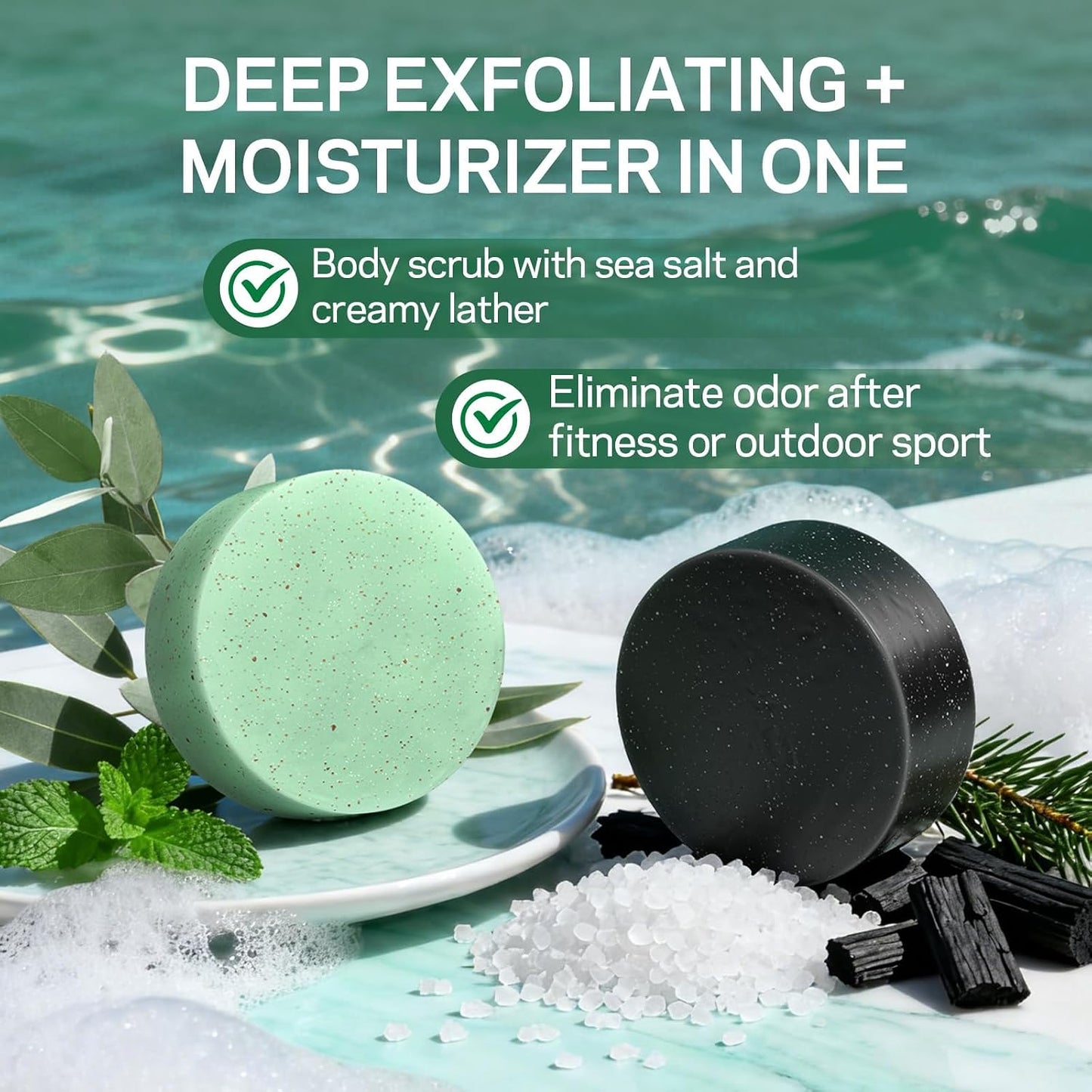 Exfoliating Body Scrub Soap Bar, 2 Pack Eucalyptus & Charcoal Soaps, Dead Sea-Salt Exfoliating Soap for Men & Women, Detox Cleansing, Smooth & Soften Skin, Soap Bars for Gifts