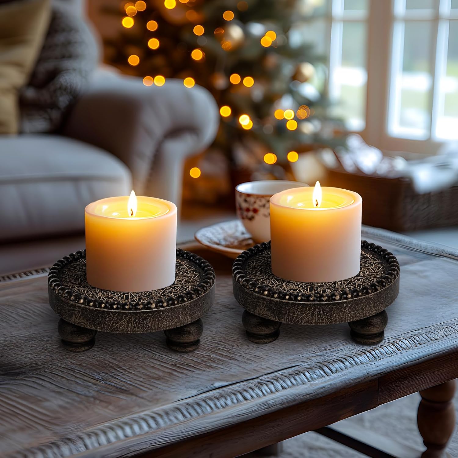 Farmhouse Round Wood Tray Riser, Pedestal Stand with Beaded Edge, Rustic Wooden Candle Trays Decor for Tiered Tray, Candle, Mug Display Decorative, Table Centerpiece, Black Gold
