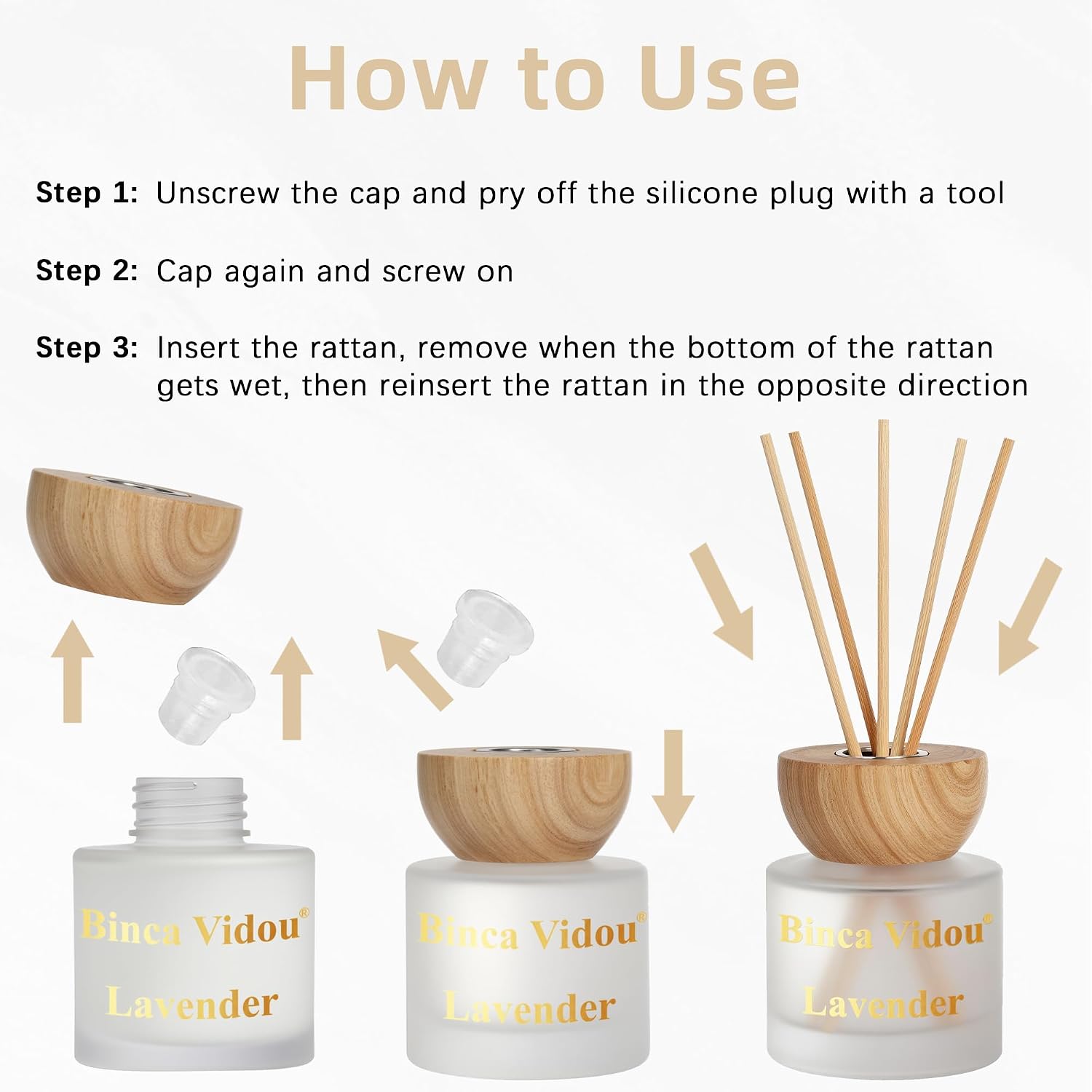 Reed Diffuser Set of 3, Binca Vidou Natural Scent Oil Diffusers with Sticks for Home Office Bathroom Aromatherapy Decor 3.38oz x 3(Lavender, Linen & Jasmine)