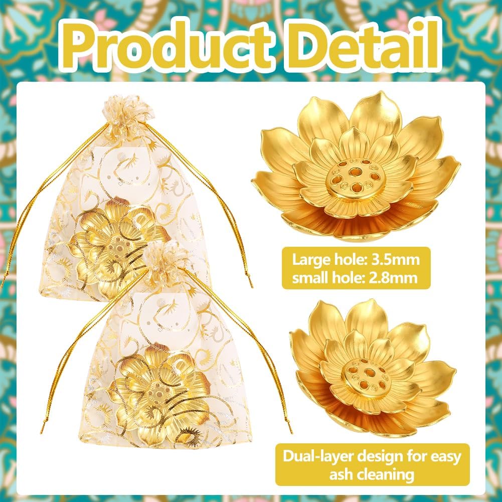 24 Set Diwali Gifts Bulk, Lotus Incense Holder, Indian Return Gifts for Pooja Bulk, Gold Lotus Incense Sticks Holder with Organza Bags & Thank You Cards, Indian Return Gift (24 Set)