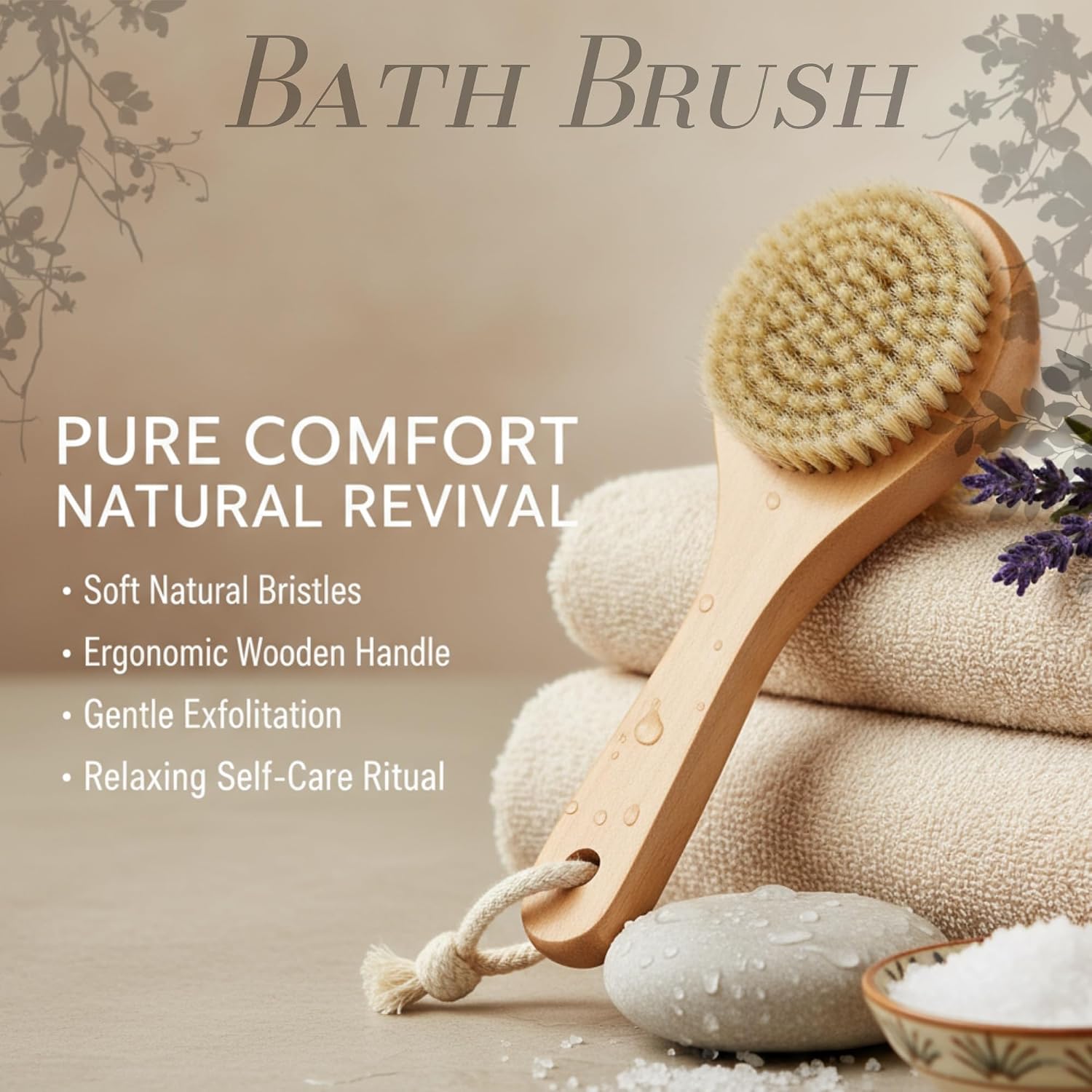 Natural Boar Bristle Body Brush – Lotus Wood Bath Brush for Dry Brushing & Exfoliation – Short Handle Shower Brush to Improve Circulation & Lymphatic Drainage