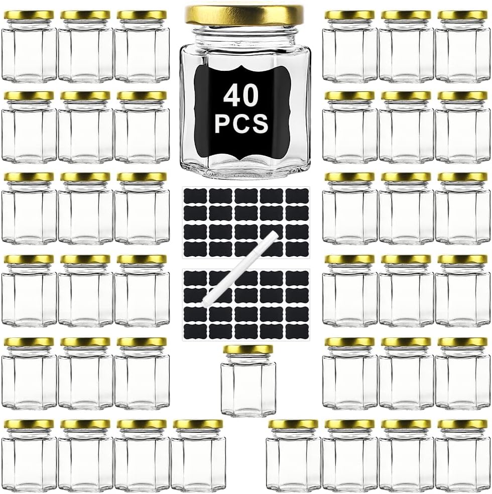 Ritayedet 40 Pack Small Glass Honey Jars with Lids for Wedding Favor, Baby Showers, 3 Oz Airtight Glass Canning Jars with Lids, Candle Jars for Spice, Candy, Jam, Waterproof Stickers