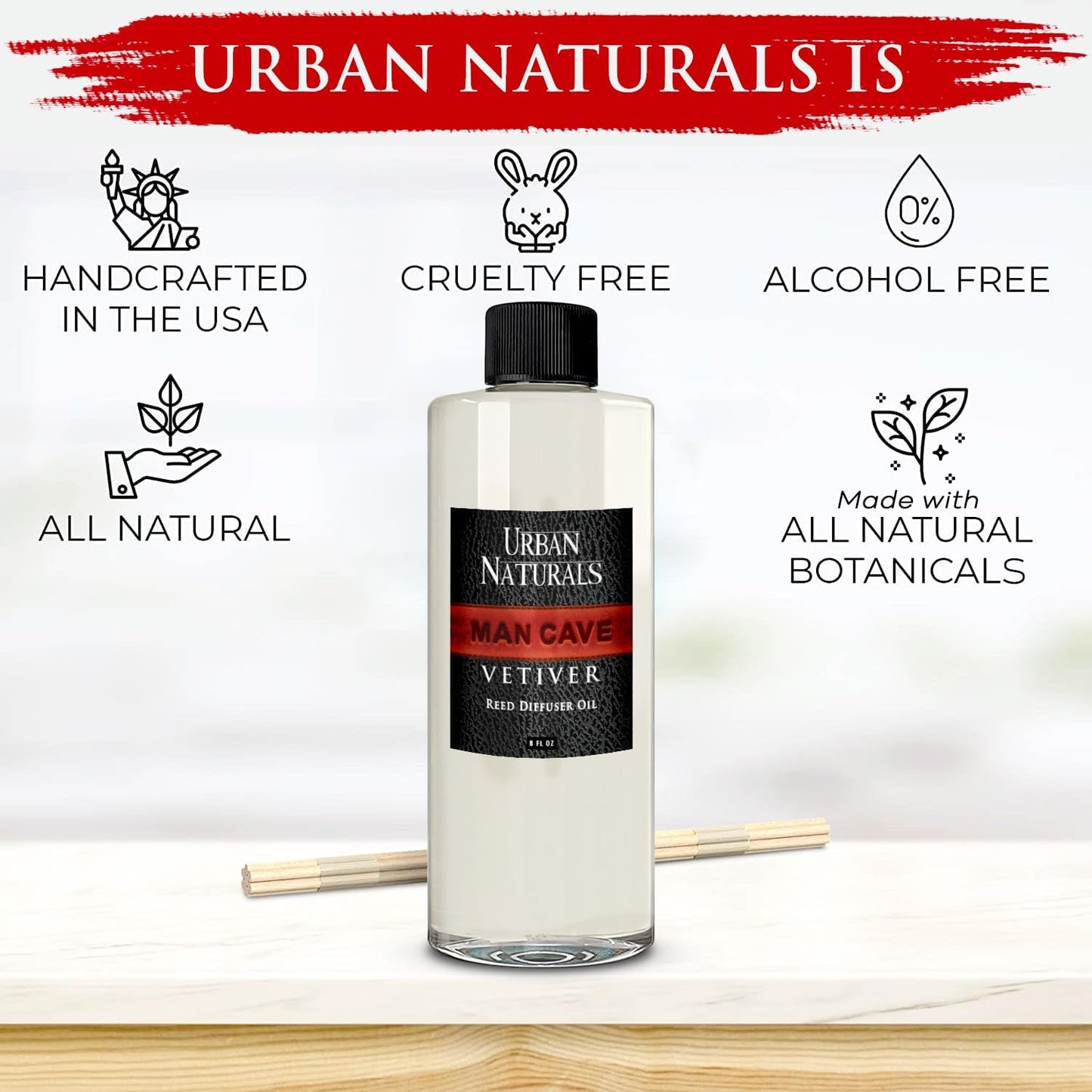Urban Naturals Reed Diffuser Oil Refill Man Cave Vetiver with Oud, Amber, Frankincense 8 oz + Free Reed Sticks, Made in the USA