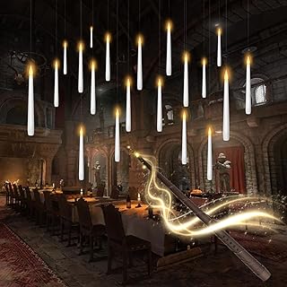 kakoya Flameless Floating Candles with Wand，20 Pcs Magic LED Hanging Taper Candles，Flickering Battery Operated Taper Candle with Wand Remote for Halloween Decorations Best Gift（White）