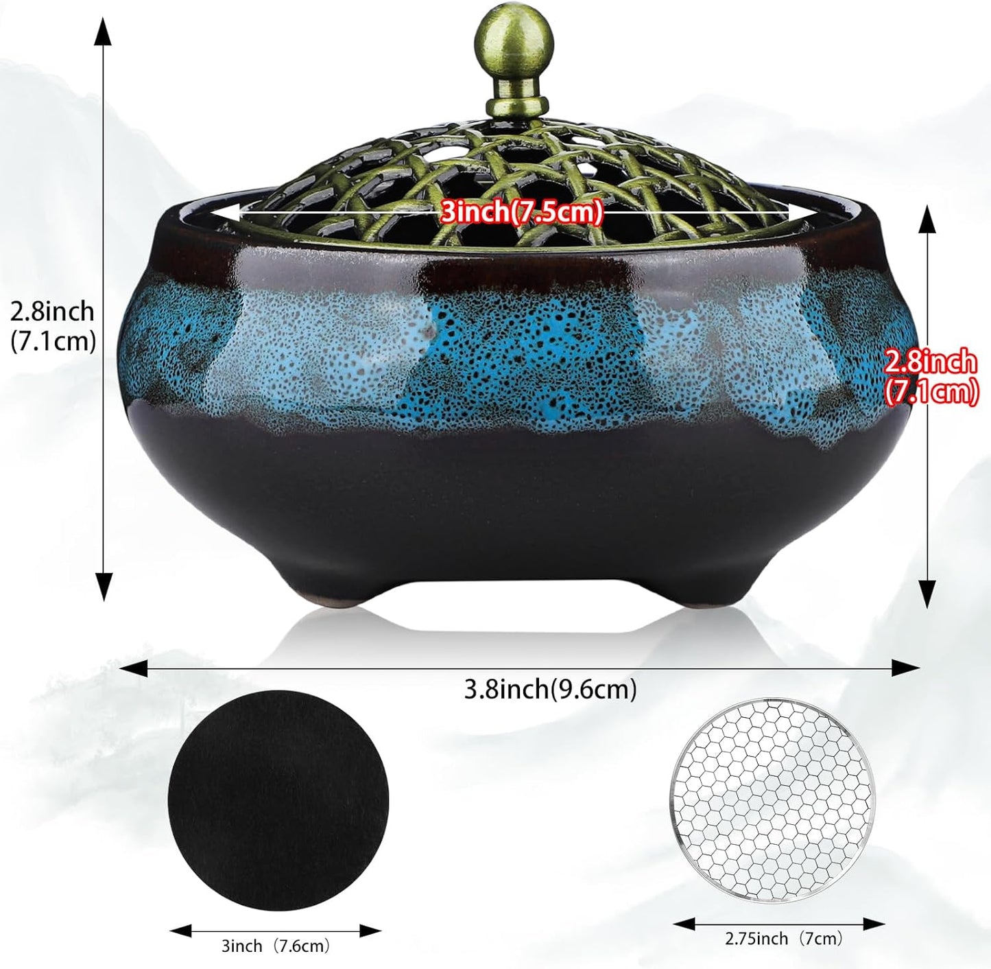 Ceramic Incense Burner for Cone and Backflow Incense, Metal Lid, Stainless Steel Incense Holder, Incense Bowl with Incense Cone Holder & Burner Holder (Fambe Blue)
