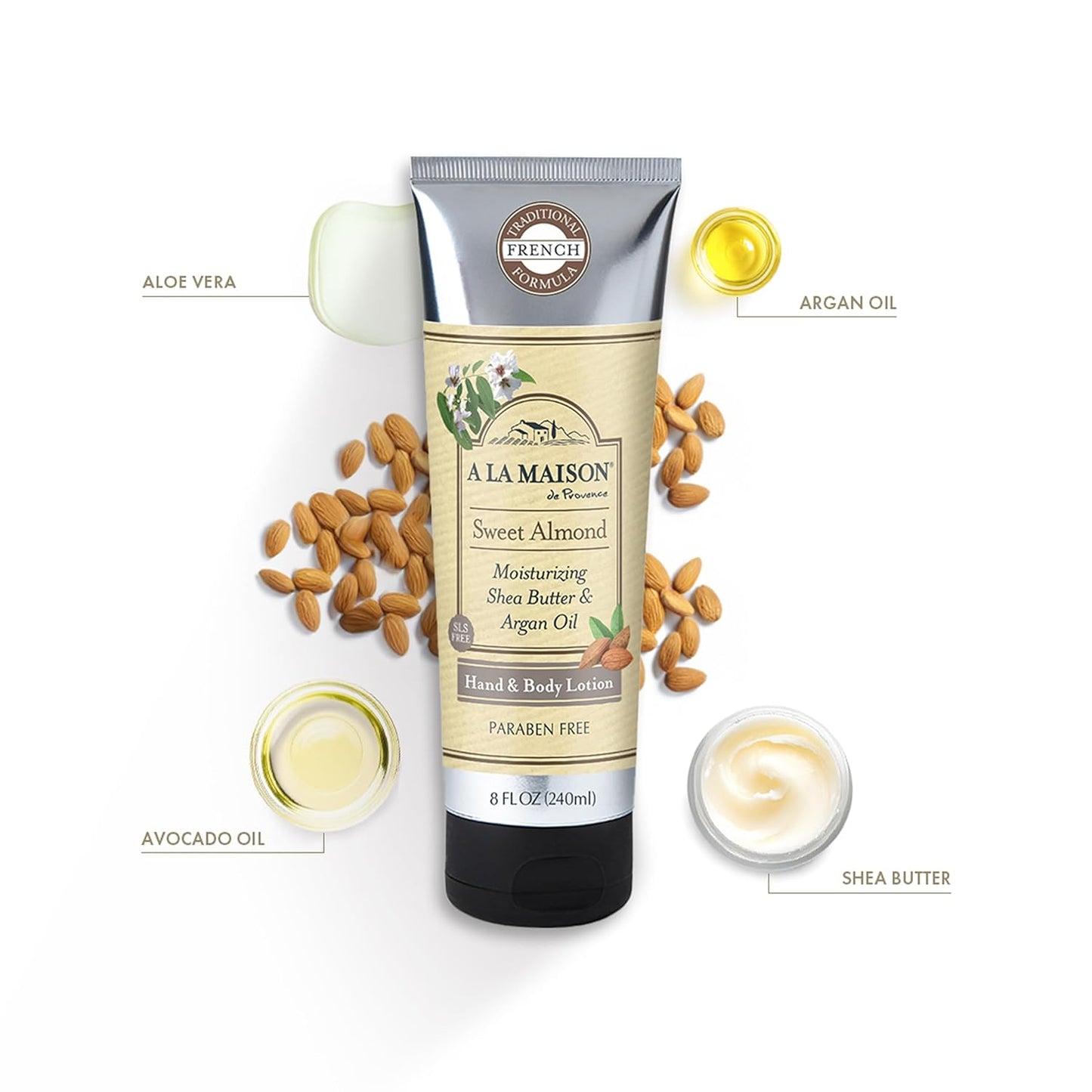 A LA MAISON Moisturizing Lotion, Sweet Almond - Nourishing French Formula for Dry Skin - Argan Oil, Pure Shea Butter, Essential Oils, Plant Based, Cruelty-Free, SLS and Paraben Free (8 Oz, 2 Pack)