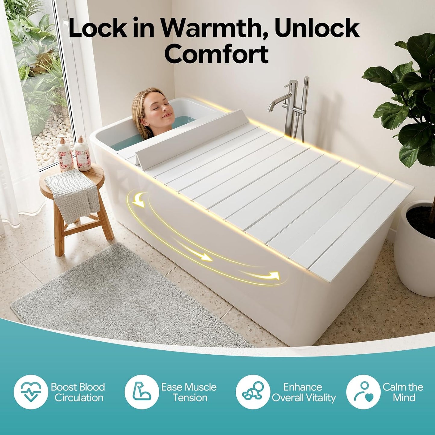 Bathtub Cover, Folding Dust Board Bathtub Insulation Cover Freestanding Tub Covers PVC Shutter Bath Lid Plate Fits Most Tubs for Bathroom Shower (62.99 * 31.50 * 0.26 in)
