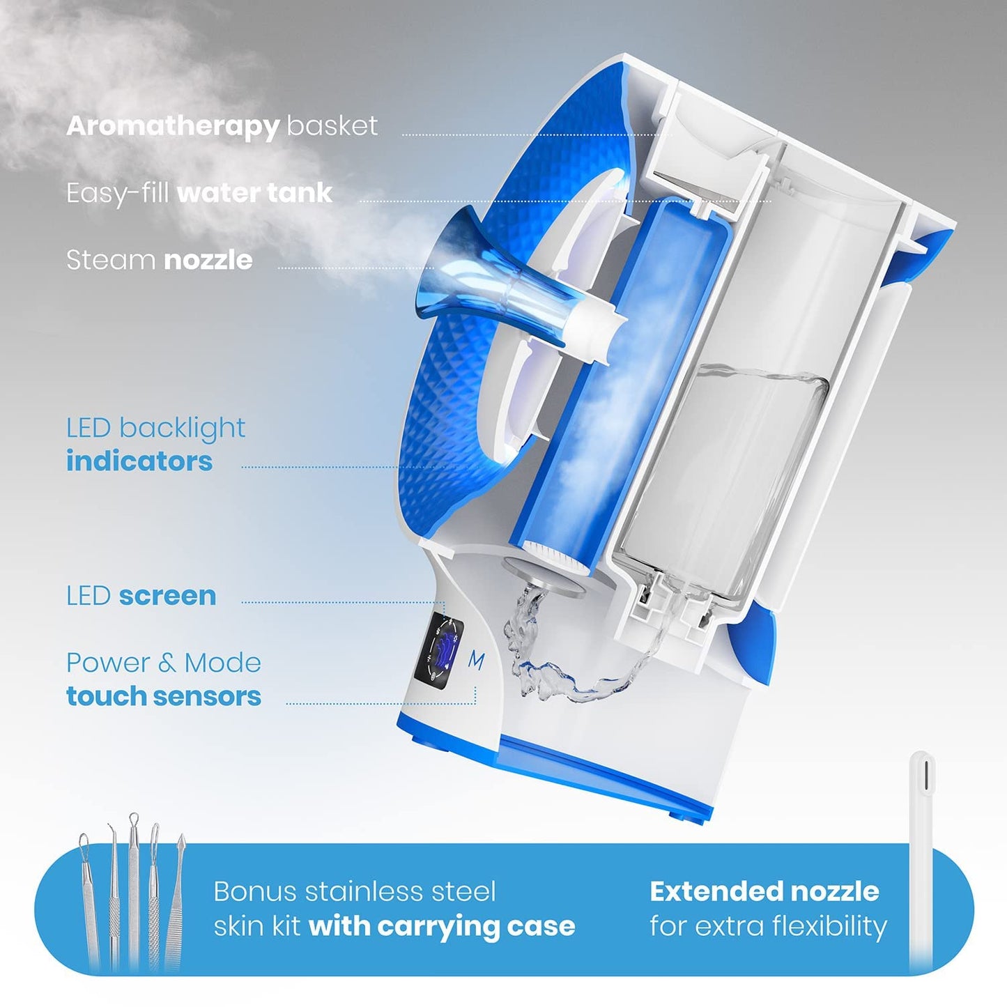 Pure Daily Care NanoSteamer Clinical 10-in-1 Smart Dermatologist Grade Ionic Facial Steamer - 2 Multi-Position Face Steamer Nozzles for Aromatherapy - 6 Pre-Porgrammed Modes - Include Extraction Set