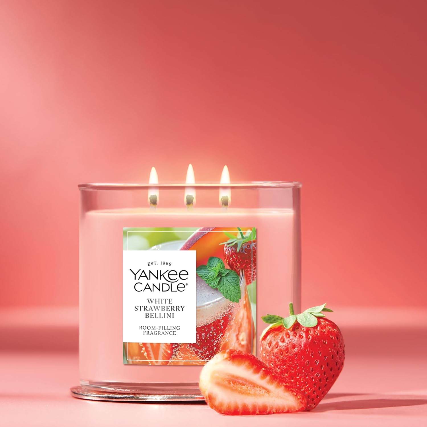 Yankee Candle White Strawberry Bellini Scented Candle, 14.5oz 3-Wick Candle Jar with up to 40 Hours Burn Time, Giftable