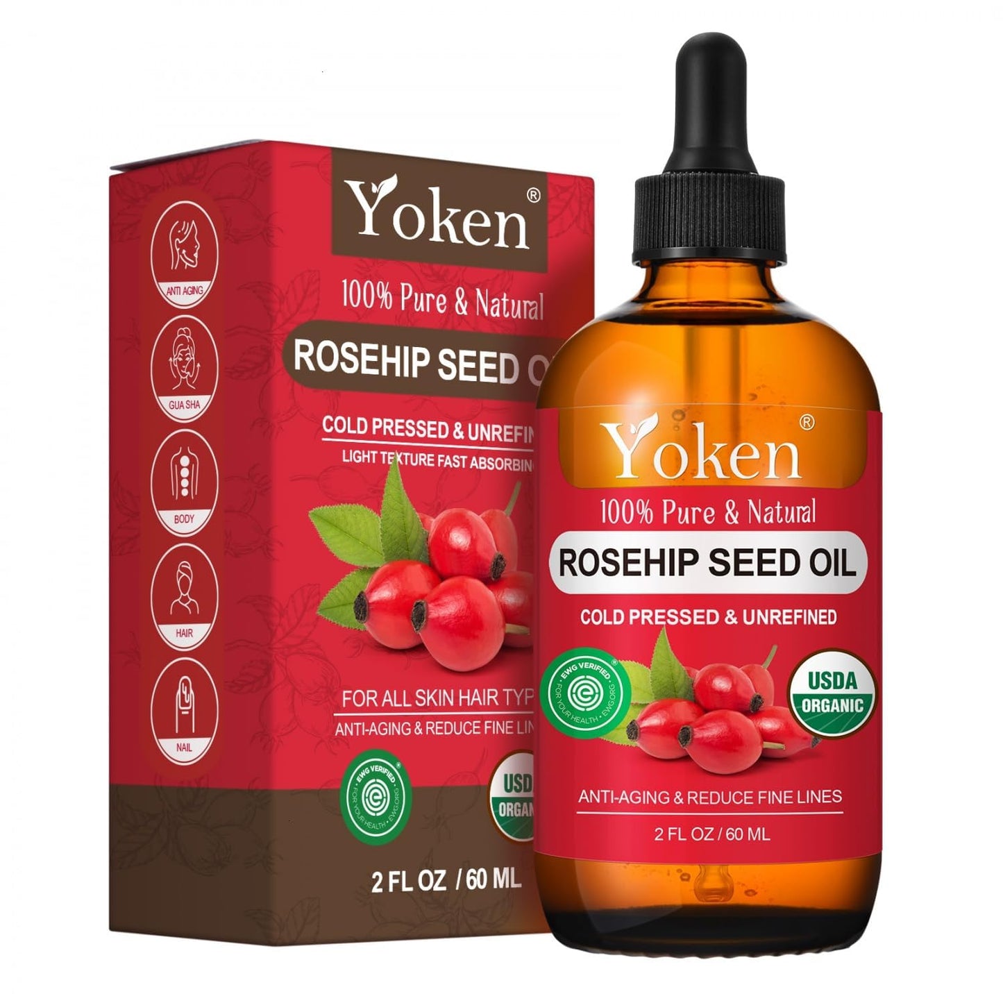 Yoken Organic Rosehip Seed Oil for Face, 100% Pure and Natural Cold Pressed Unrefined Rosehip Oil Carrier for Skin, Hair & Nails - Lightweight, Fast-Absorbing (2 fl oz)