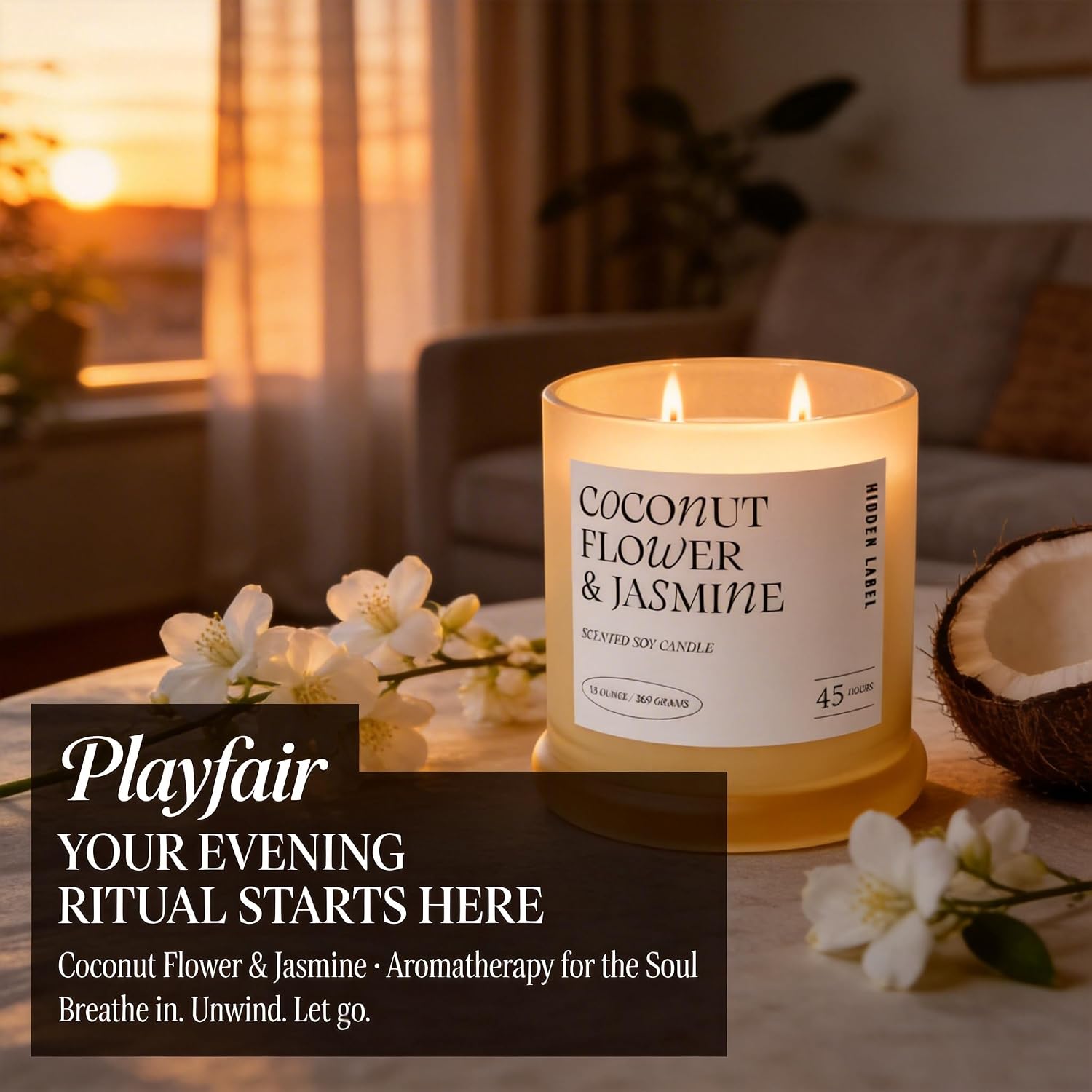 Coconut Flower & Jasmine Scented Candle, 13oz Natural Soy Wax Candle with 2 Wicks, 75 Hour Long Lasting Aromatherapy Candle for Stress Relief, Non Toxic Luxury Candle for Home Decor