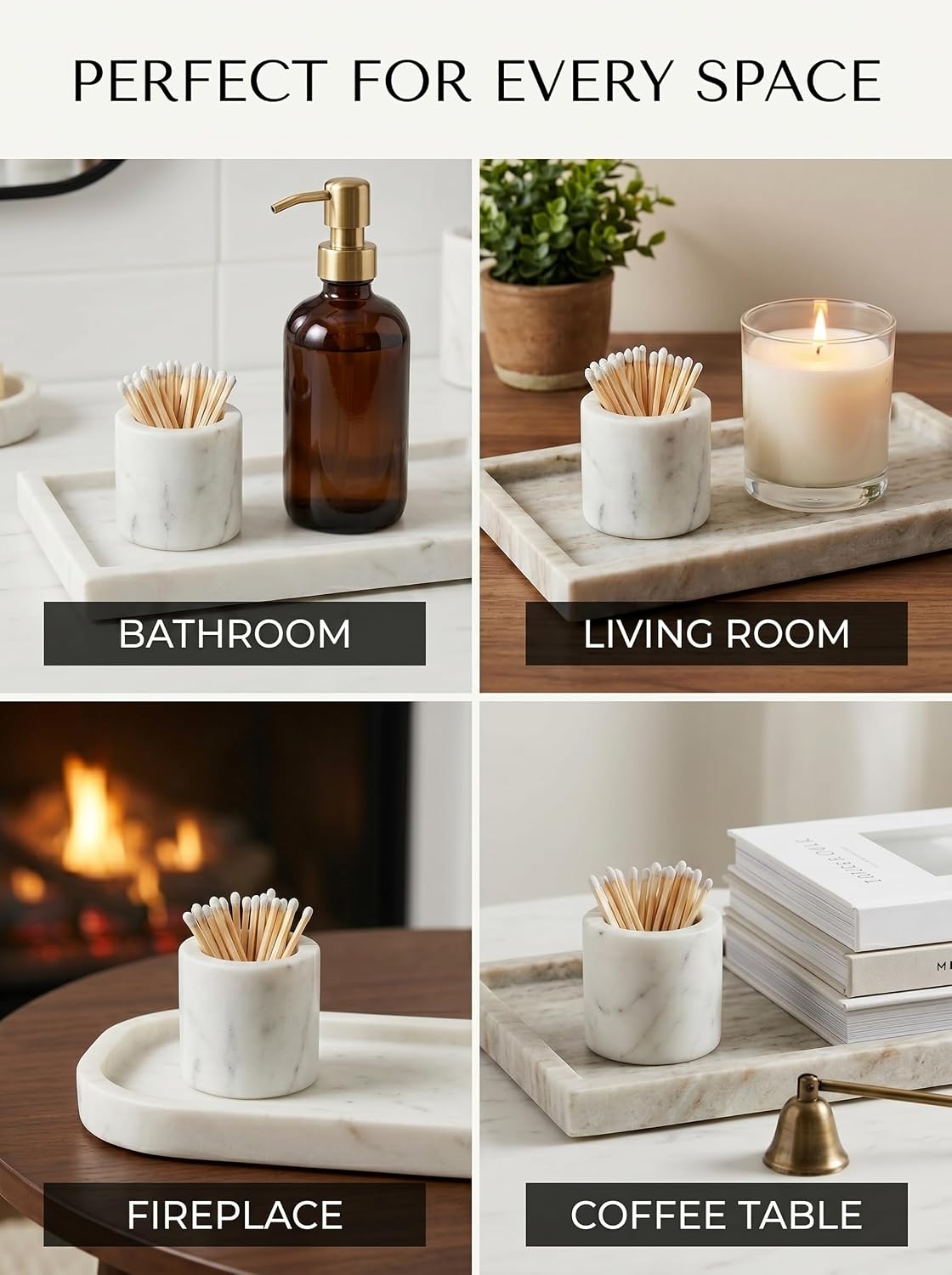 Marble Match Holder with Striker, Set of 2 – White Matchstick Holder with Side Striker, Decorative Matches Jar for Fireplace, Candle, Bathroom Decor, Housewarming Gift (Matches Not Included)