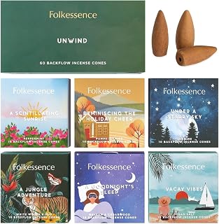 Folkulture Backflow Incense Cones (60 Cones) | Set of 6 Waterfall Insence Cones for Meditation, Aromatherapy | No Charcoal, Organic, Non Toxic Frankincense, Nag Champa, Sandalwood Inscents-Cones