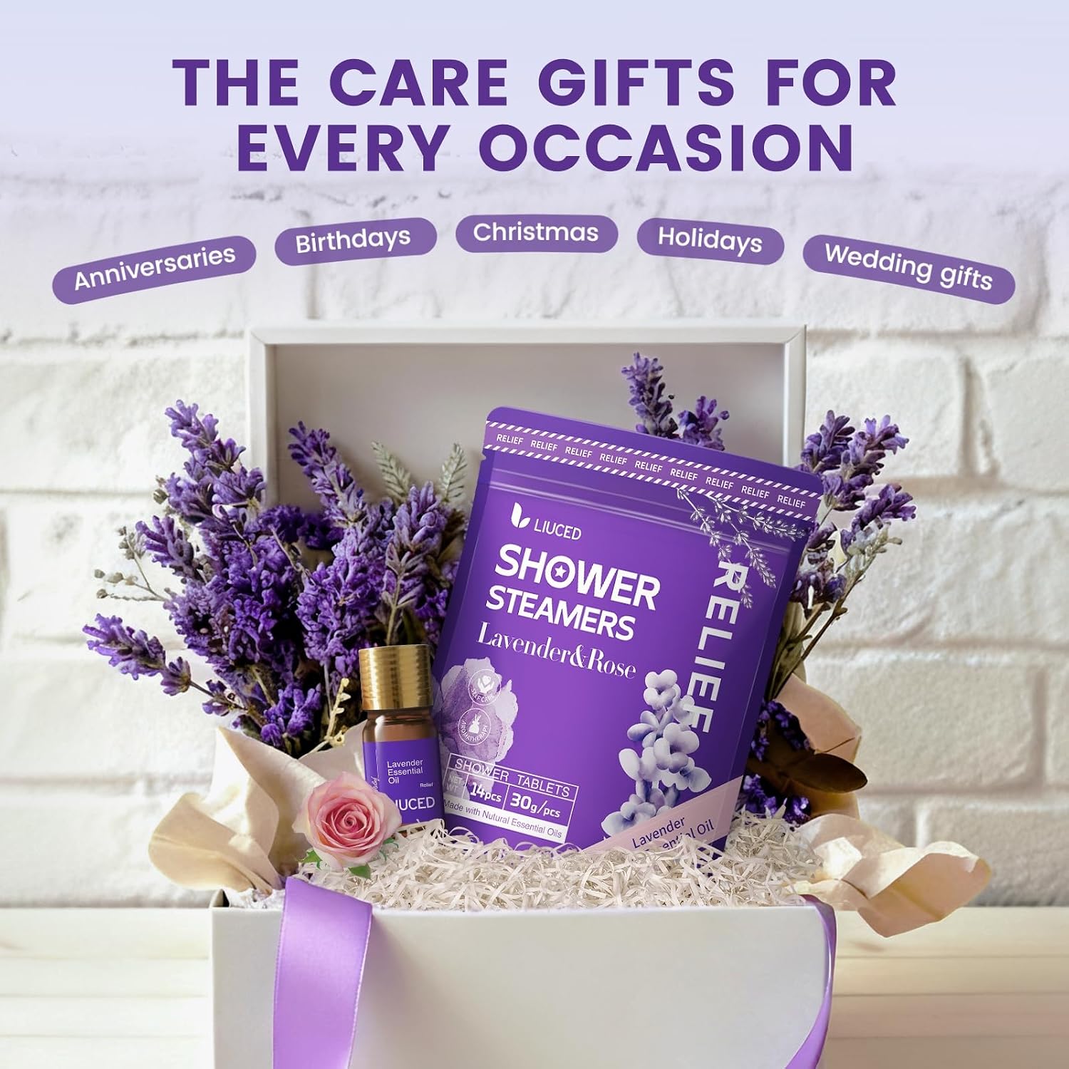 Shower Steamers Aromatherapy - 14 Pack Lavender & Rose Shower Bombs and 5ml Natural Lavender Essential Oils, Birthday Day Gifts for Mom Wife, Self Care Stress Relief Gifts for Women Her