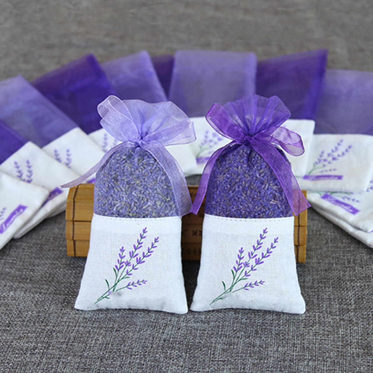 DOITOOL 25 Pack Lavender Sachet Bags 6.49X2.83 Inch Organza Fragrance Pouches with Ribbon for Home Fragrance Closet Freshener Jewelry Organizer Party Decoration