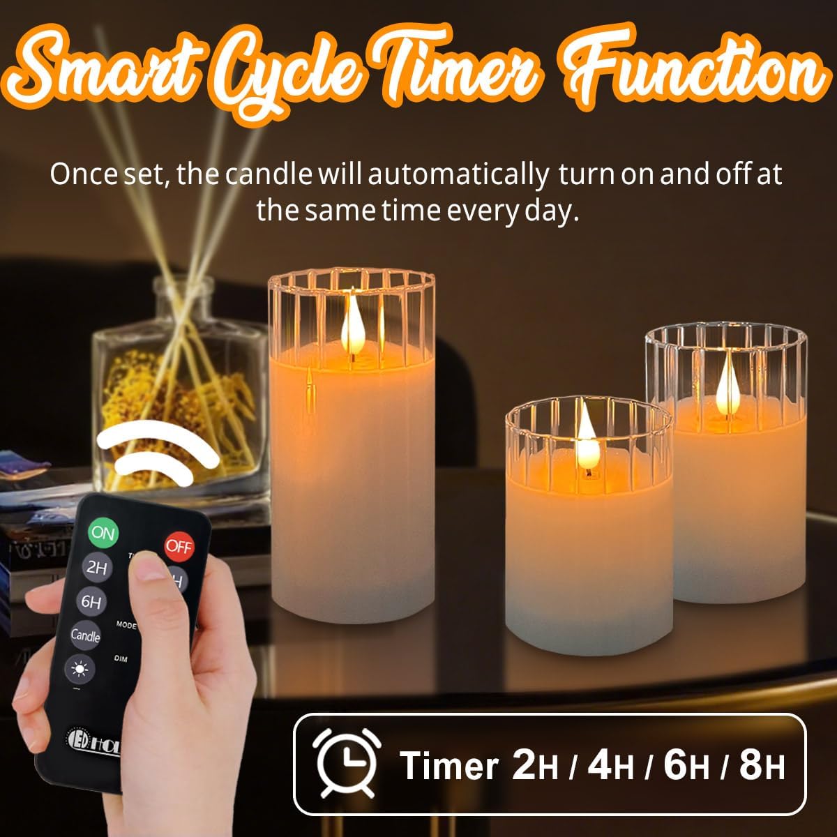 LEDHOLYT Rechargeable Flameless Glass Pillar Candles – Remote & Timer – Set of 3 White Stripes Realistic Flickering LED Light, Ideal for Living Room, Bedroom & Holiday Décor& Gifts for Women