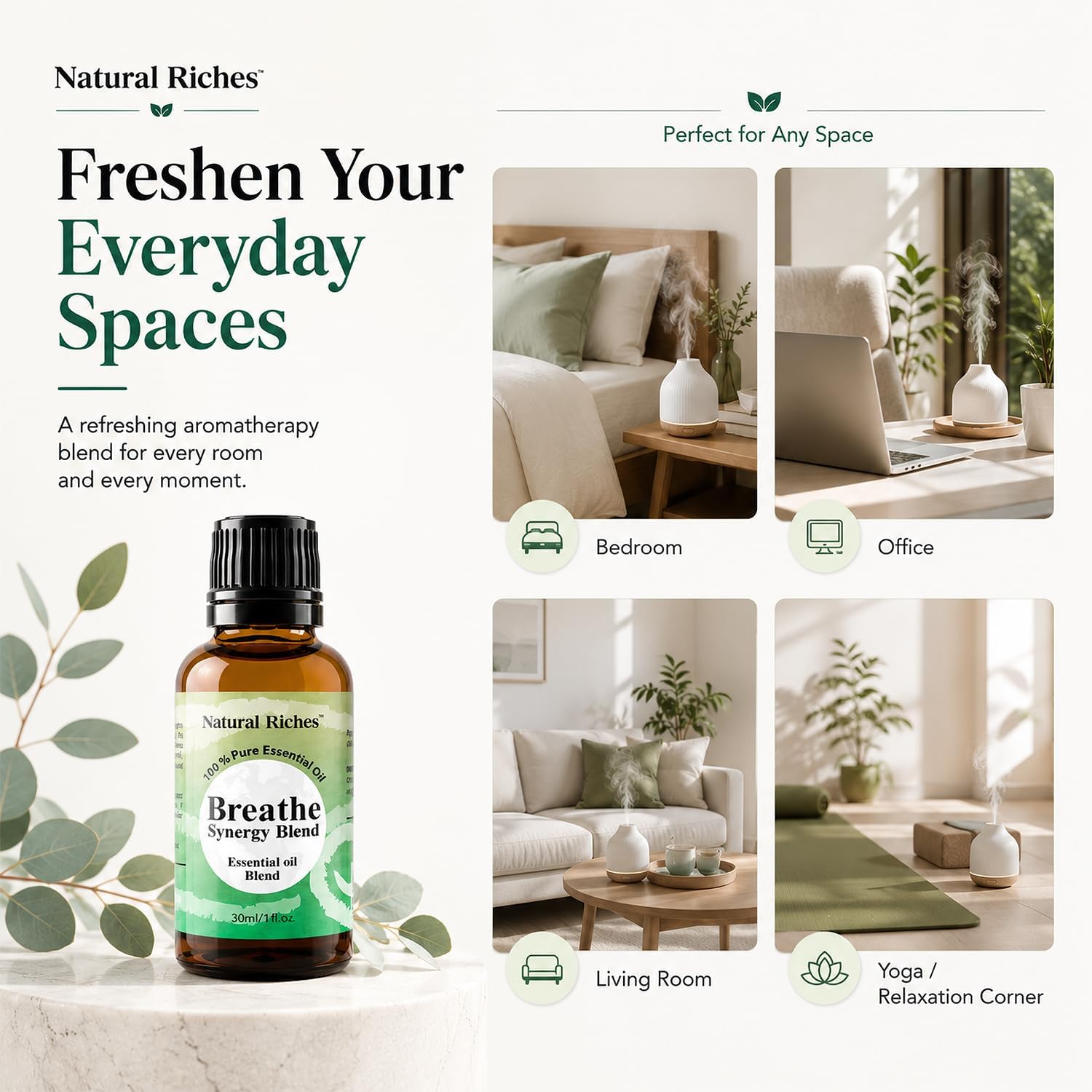 Natural Riches Breathe Essential Oil Blend Breathe Easy with Peppermint Eucalyptus Tea Tree Lemon Cardamom Pine Needle Essential Oils - 30 ml