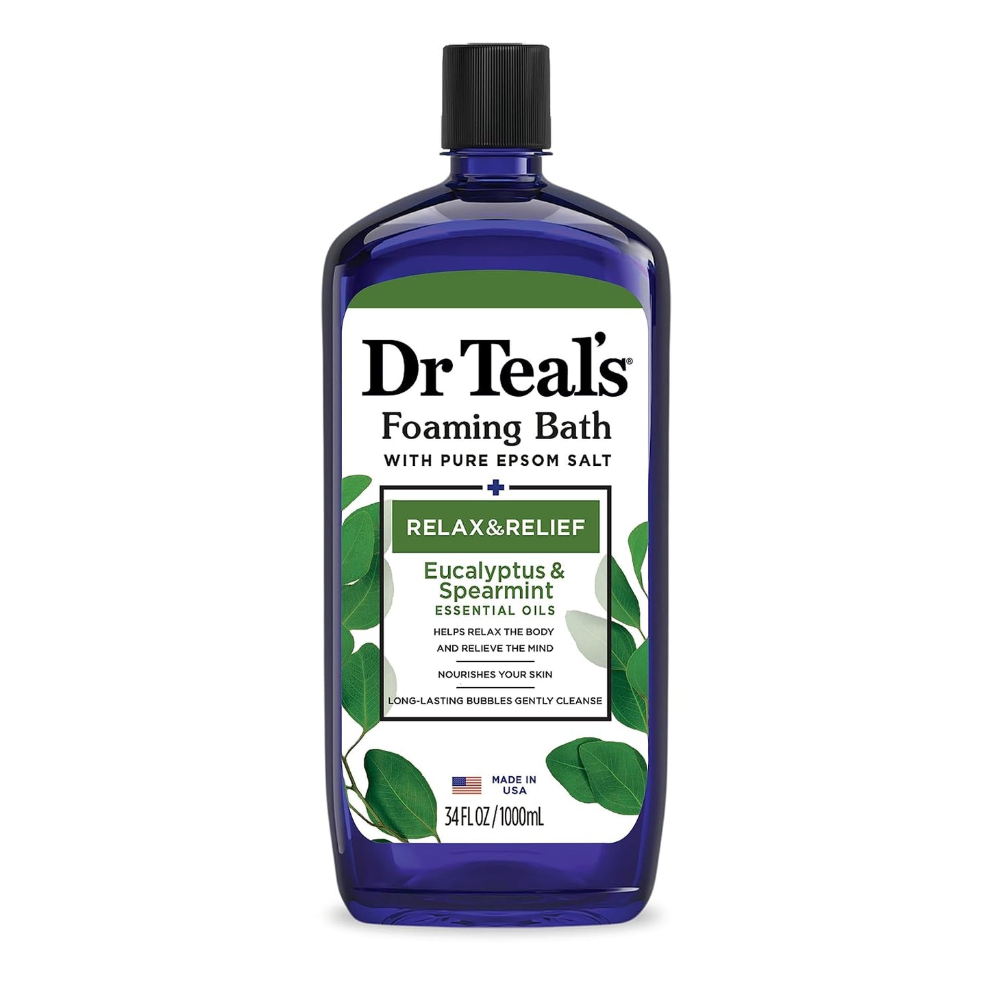Dr Teal's Foaming Bath with Pure Epsom Salt, Relax & Relief with Eucalyptus & Spearmint, 34 fl oz