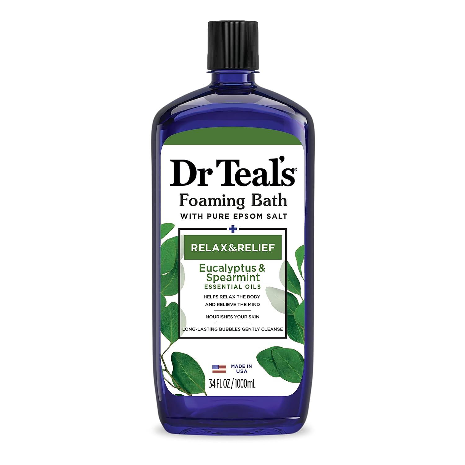 Dr Teal's Foaming Bath with Pure Epsom Salt, Relax & Relief with Eucalyptus & Spearmint, 34 fl oz