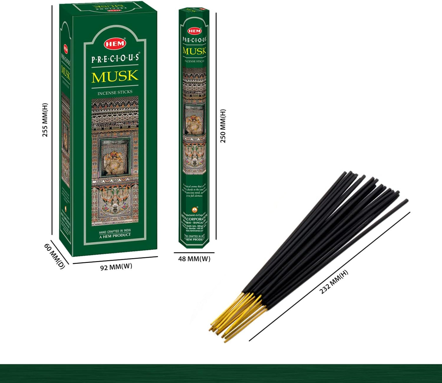 HEM Precious Musk Incense Sticks – (120 Sticks, 6 Boxes Inside) - 9 Inches Long ,Dispel Negativity, Induce Relaxing Sleep, Spiritual Strength, Aromatherapy, And Strengthen Meditation Practices