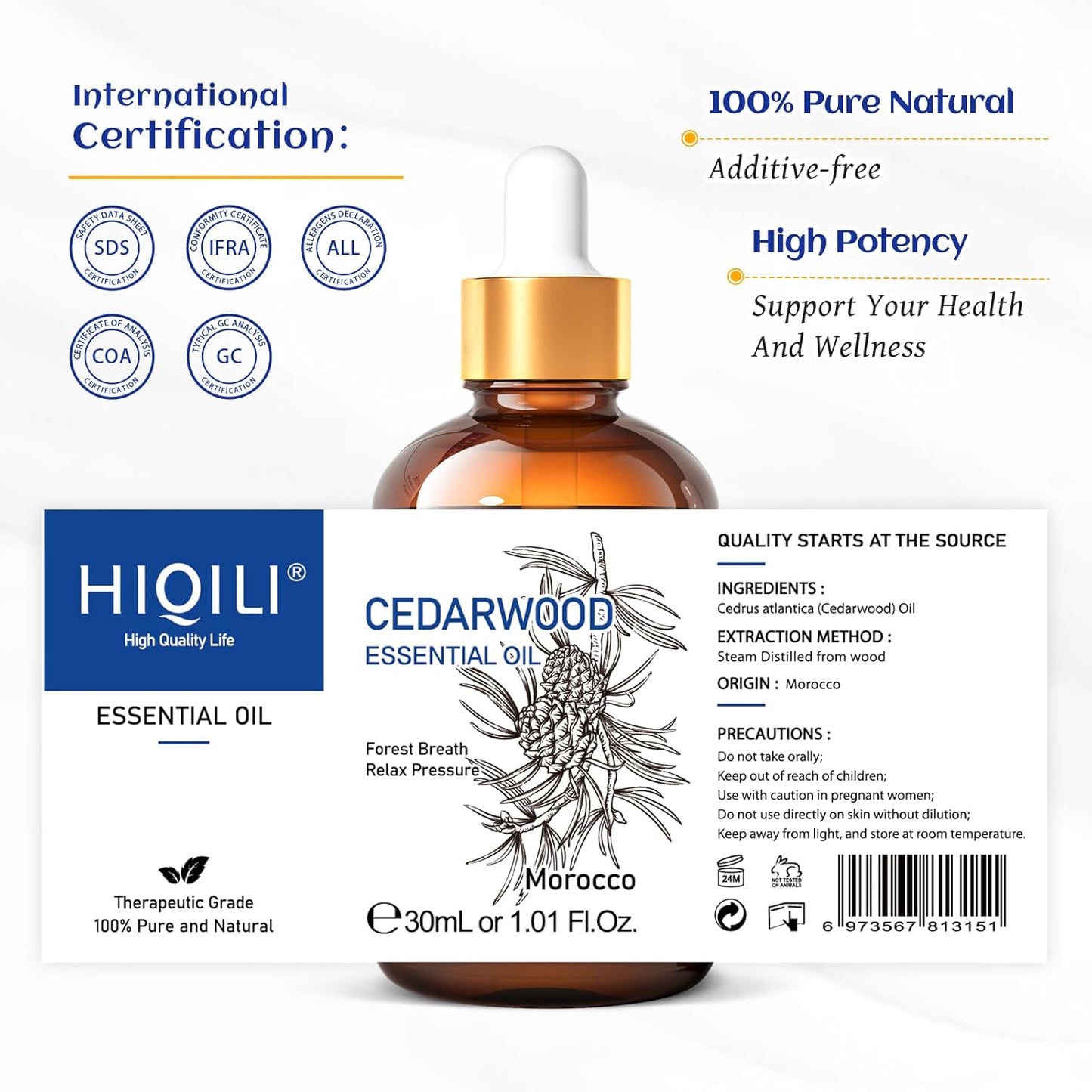 HIQILI 1 Fl Oz Cedarwood Essential Oil, Pure Natural Cedarwood Oil for Hair, Diffuser, Aromatherapy - 30ML