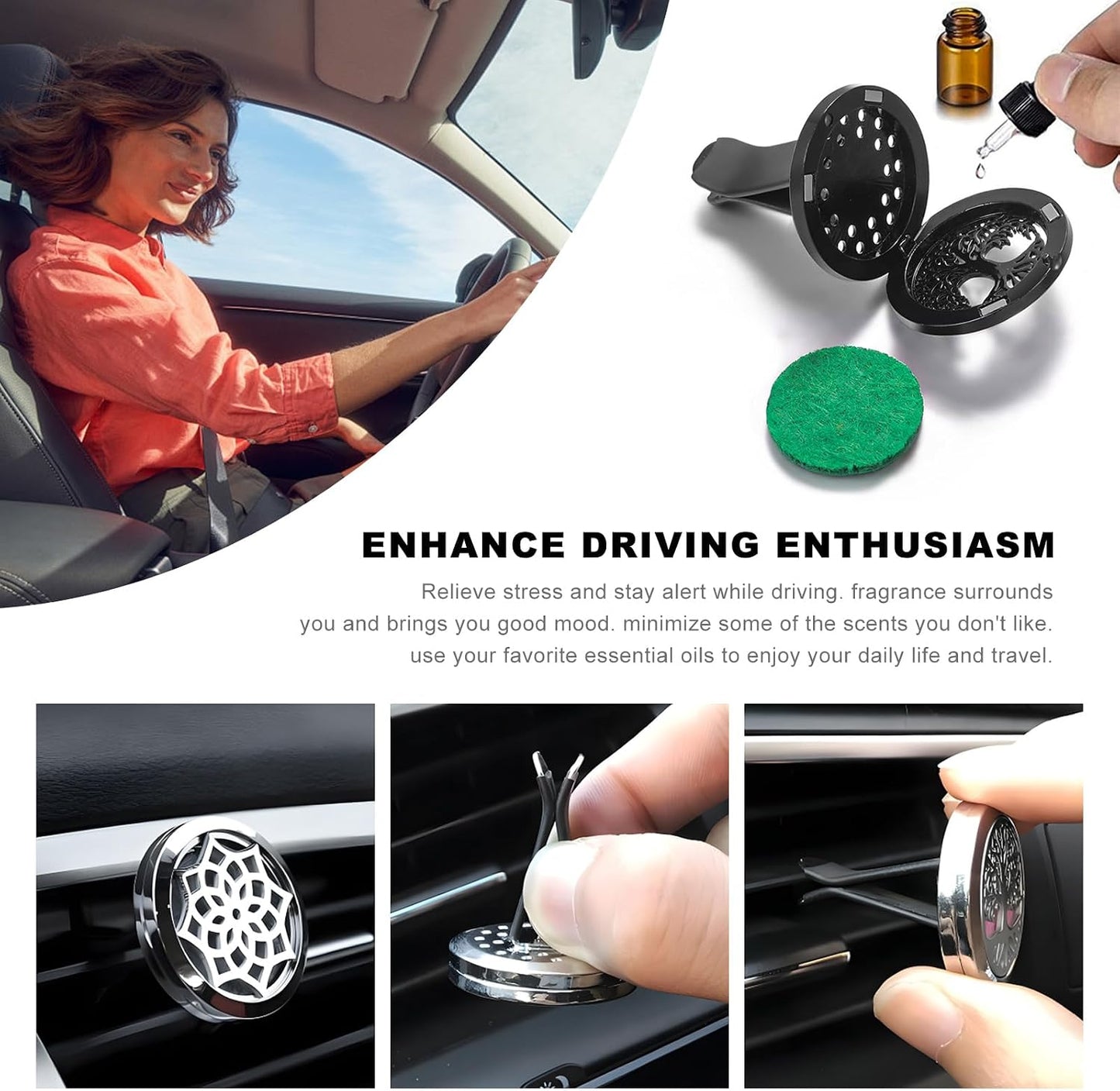 KVAEY 2PCS 30mm Car Diffuser Vent Clips, Tree of Life Aromatherapy Essential Oil Diffuser Locket with 12 Felt Pads, Stainless Steel Car Diffuser Locket Air Freshener (Black)