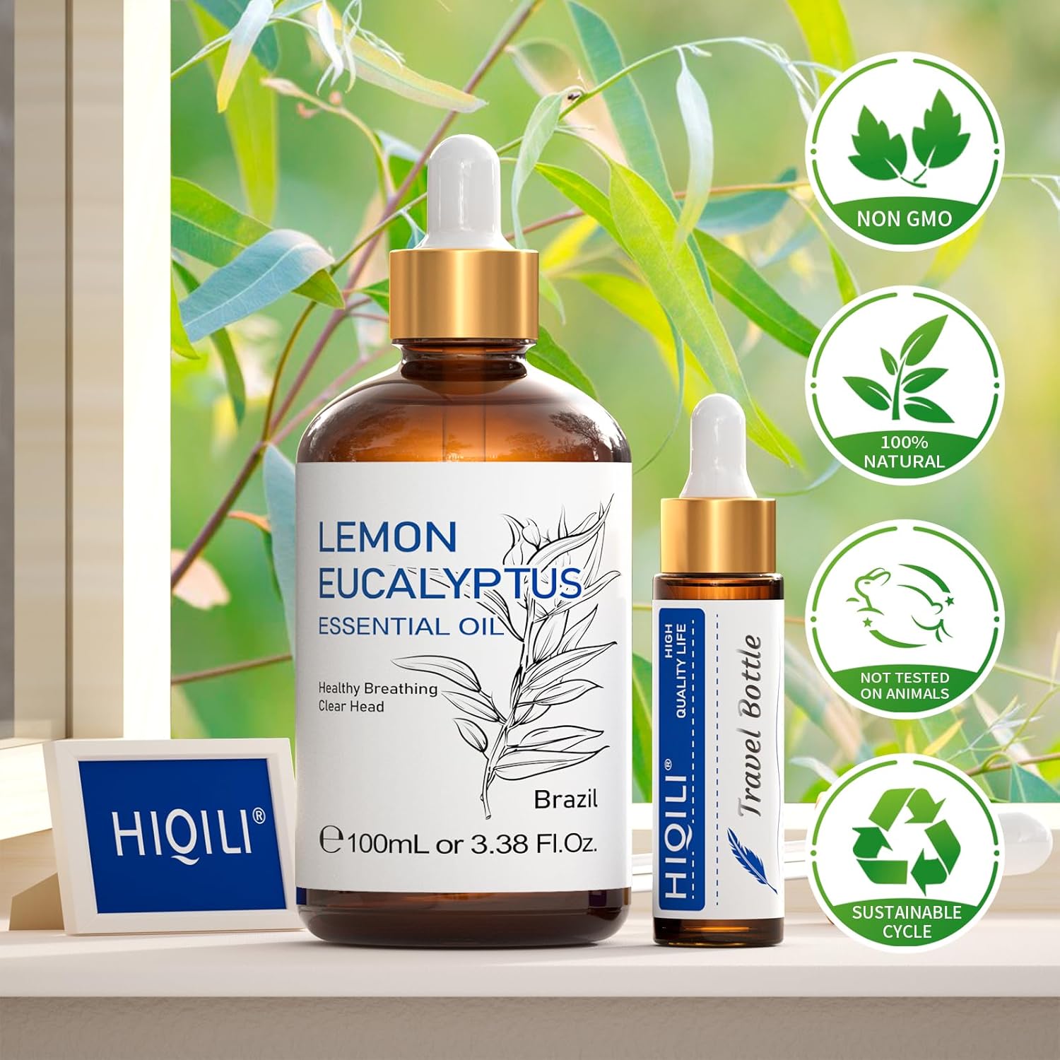 HIQILI Lemon Eucalyptus Oil, for Spary, Diffuser, Indoors, Outdoors, Garden, Yard, 100% Pure Natural - 3.38 Fl Oz