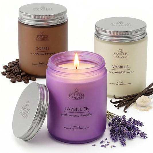 Aromatic Candles Three Pack - 3 x 8 oz Cotton Wick Candles Coloured Fosted Jars - Vanilla