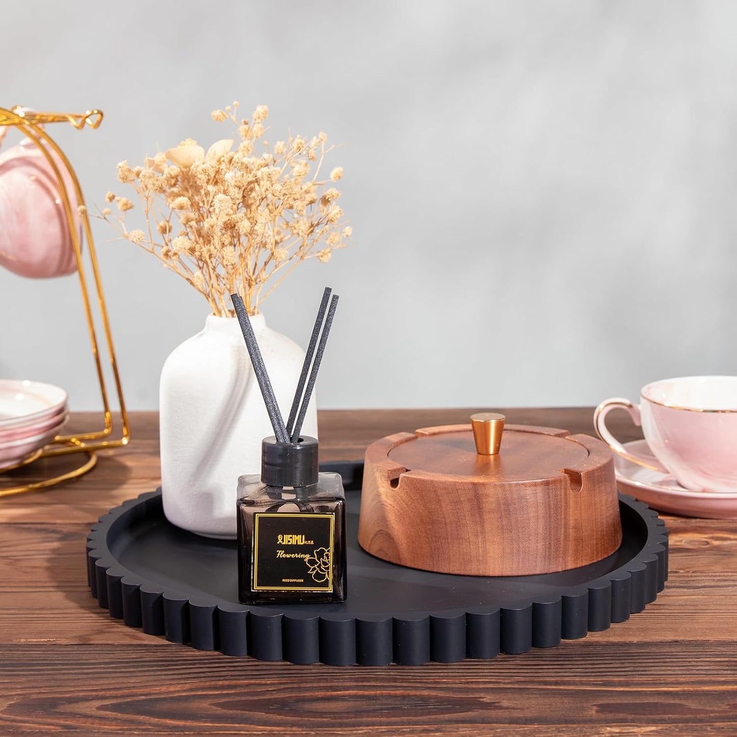 HighHerz Silicone Bathroom Countertop and Vanity Tray-10 Inch Round Silicone Bathroom Tray, Modern Bathroom Decor, Coffee Table Decor, Decorative Tray for Candle, Perfume, Plants (Black)
