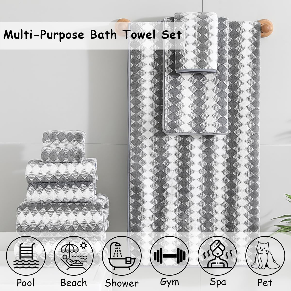 12 Pcs Gray White Diamond Towel Set-4 Bath Towels,4 Hand Towels,4 Washcloths Soft Polyester Towels with Loop Absorbent Shower Towel Quick Dry Beach Chair Towel Family Towels for Bathroom Spa Gym Pool