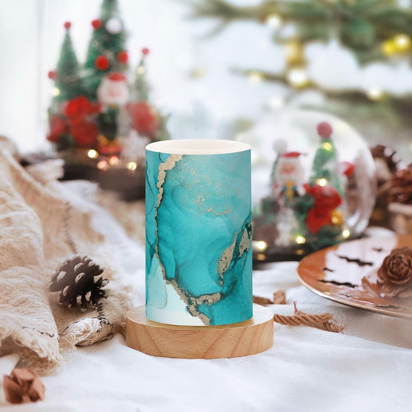 Eionryn Teal Turquoise Marble Texture Flameless Candles Black and Gold Battery Operated LED Candles with Remote Timer Electric Candles for Home Party Decor 2pcs
