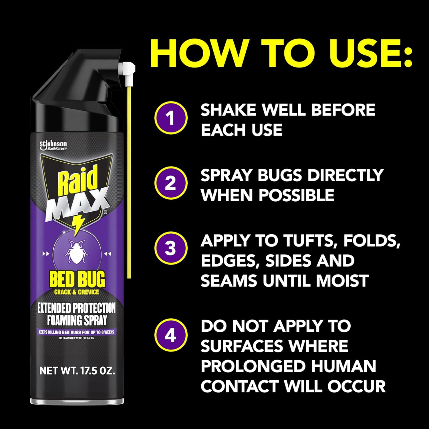 Raid MAX Bed Bug Crack & Crevice Extended Protection Foaming Spray, Kills Bed Bugs for up to 8 weeks on Laminated Woods and Surfaces, 17.5 oz