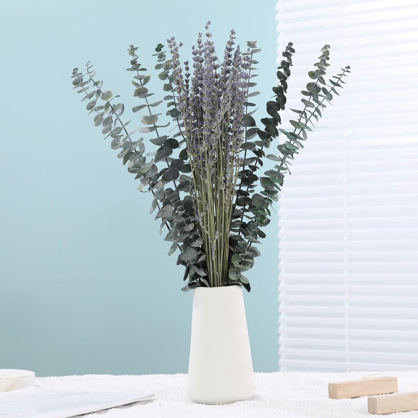 70 PCS Dried Eucalyptus Stems with Lavender Flowers Bundle for Shower, 17'' Natural Real Live Eucalyptus Leaves Branches Hanging Shower Plant for SPA Home Fragrance Bathroom Table Vase Decor